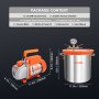 VEVOR vacuum chamber kit: includes a vacuum pump and 5-gallon chamber with clear dimension details.