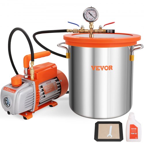 VEVOR 5 Gallon Vacuum Chamber and 3.5 CFM Pump Kit, Tempered Glass Lid Vacuum Degassing Chamber Kit, Single Stage Vacuum Pump with 250 ml Oil Bottle, for Stabilizing Wood, Degassing Silicones, Epoxies