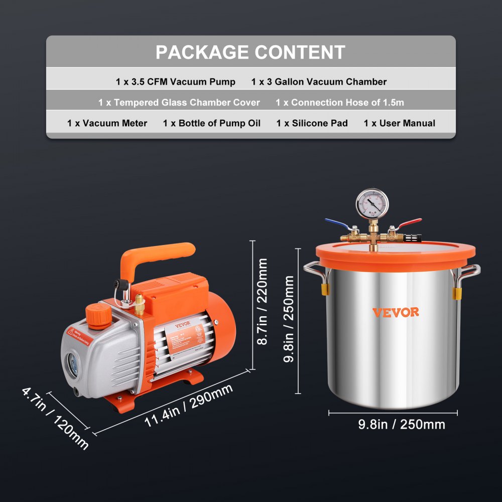 VEVOR 11.4 L Vacuum Chamber and 3.5 CFM Pump Kit, Tempered Glass Lid Vacuum Degassing Chamber Kit, Single Stage Vacuum Pump with 250 ml Oil Bottle, for Stabilizing Wood, Degassing Silicones, Epoxies