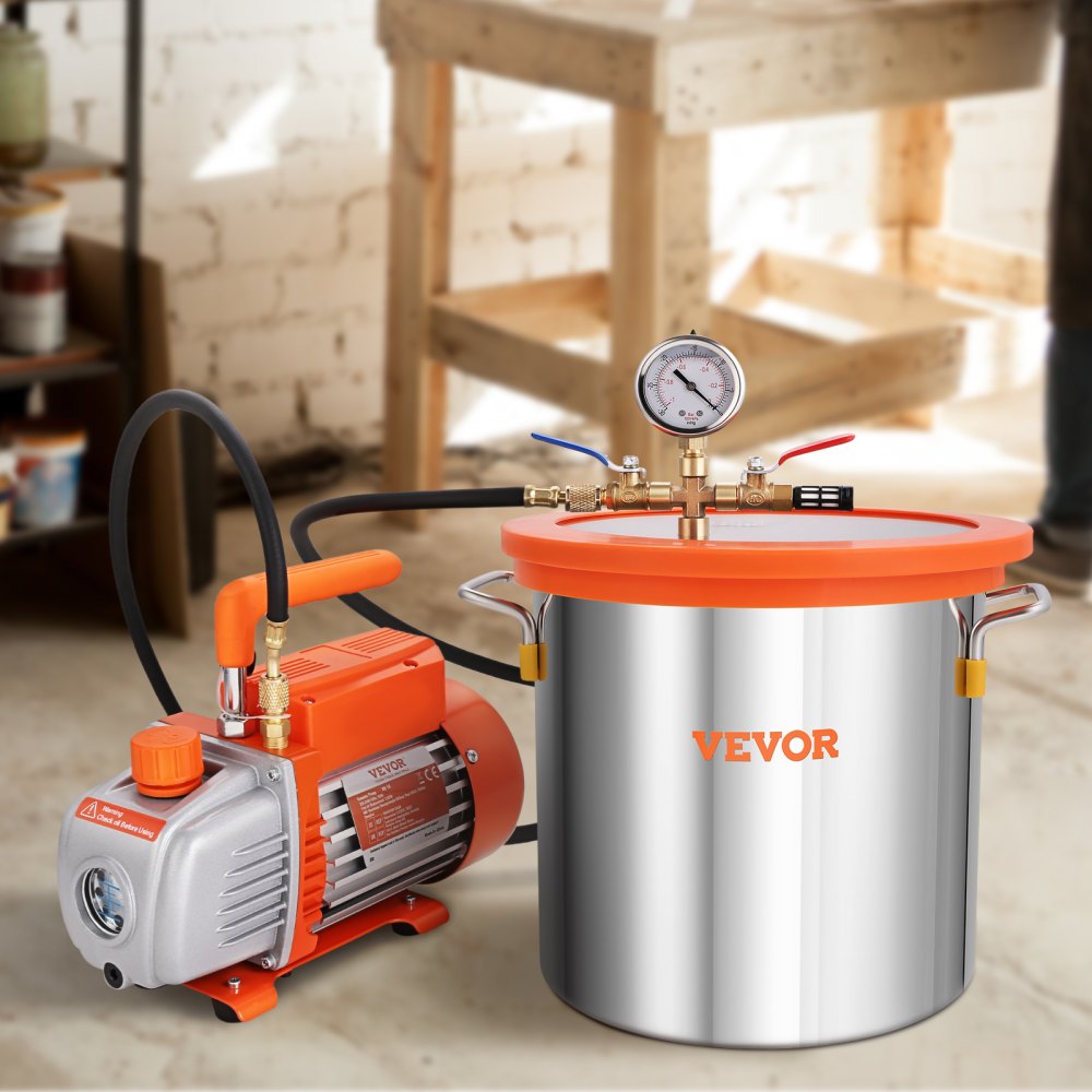 VEVOR 11.4 L Vacuum Chamber and 3.5 CFM Pump Kit, Tempered Glass Lid Vacuum Degassing Chamber Kit, Single Stage Vacuum Pump with 250 ml Oil Bottle, for Stabilizing Wood, Degassing Silicones, Epoxies