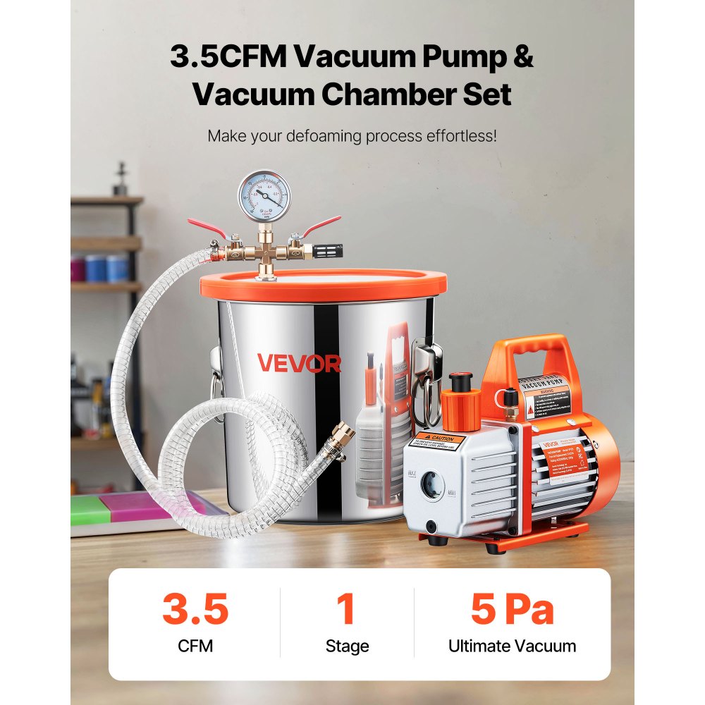 VEVOR 11.36 L Vacuum Chamber with Pump, 110 L/min, Stainless Steel, Degassing Chamber Kit, Single Stage Vacuum Pump, Tempered Glass Lid, 1.5 m Hose, Oil, for Stabilizing Wood Degassing Silicone Resin