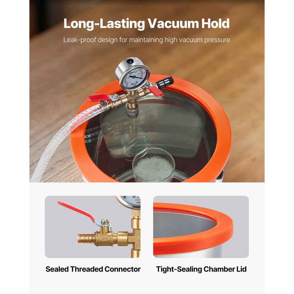 VEVOR 11.36 L Vacuum Chamber with Pump, 110 L/min, Stainless Steel, Degassing Chamber Kit, Single Stage Vacuum Pump, Tempered Glass Lid, 1.5 m Hose, Oil, for Stabilizing Wood Degassing Silicone Resin