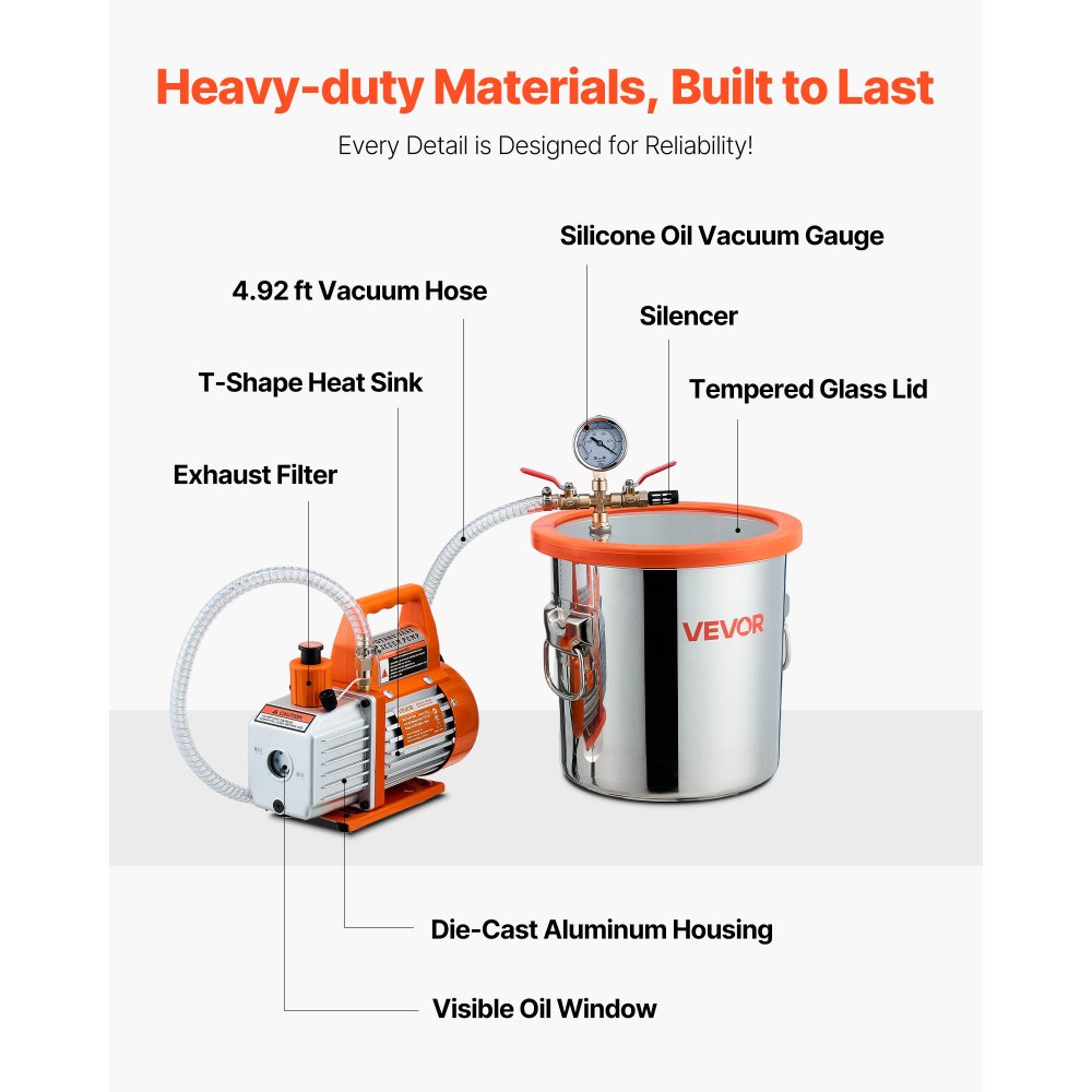 VEVOR 11.36 L Vacuum Chamber with Pump, 110 L/min, Stainless Steel, Degassing Chamber Kit, Single Stage Vacuum Pump, Tempered Glass Lid, 1.5 m Hose, Oil, for Stabilizing Wood Degassing Silicone Resin