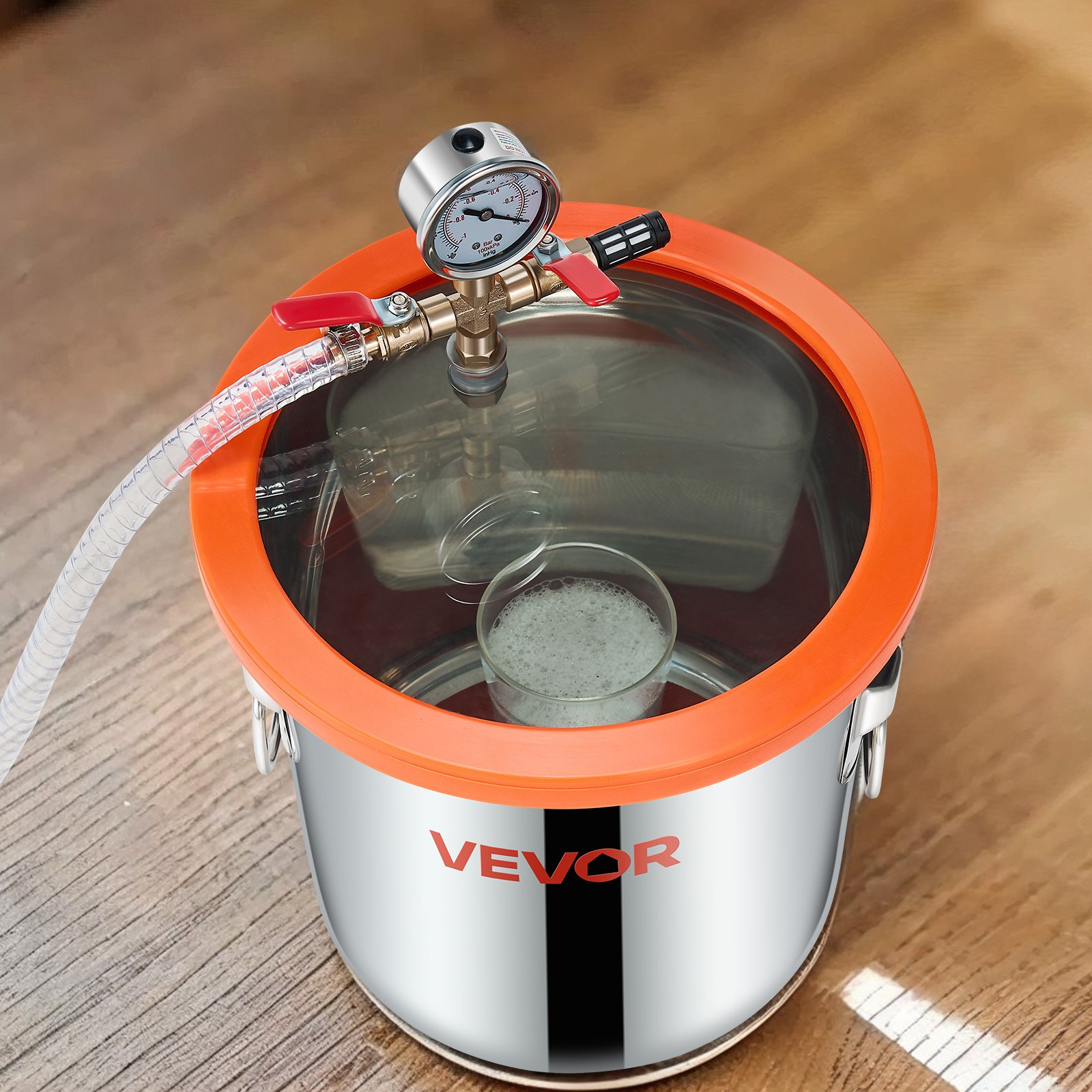 VEVOR 11.36 L Vacuum Chamber with Pump, 110 L/min, Stainless Steel, Degassing Chamber Kit, Single Stage Vacuum Pump, Tempered Glass Lid, 1.5 m Hose, Oil, for Stabilizing Wood Degassing Silicone Resin