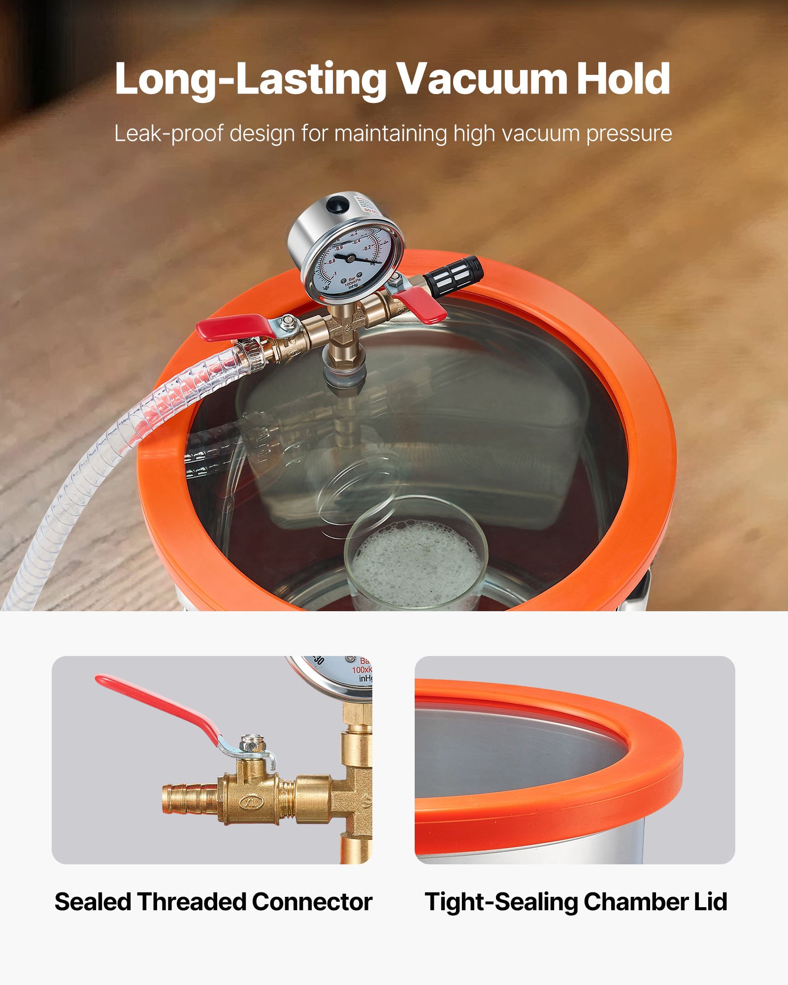 VEVOR 11.36 L Vacuum Chamber with Pump, 110 L/min, Stainless Steel, Degassing Chamber Kit, Single Stage Vacuum Pump, Tempered Glass Lid, 1.5 m Hose, Oil, for Stabilizing Wood Degassing Silicone Resin