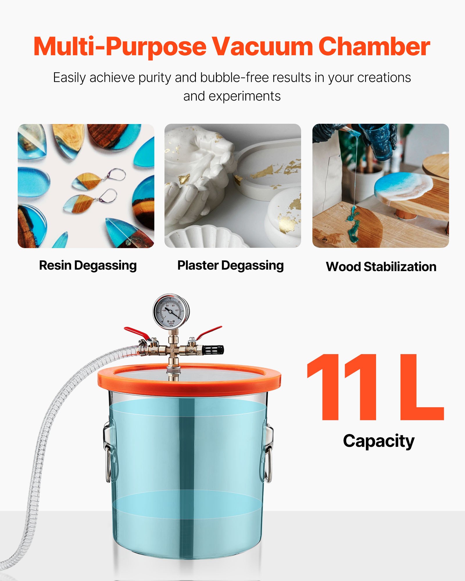 VEVOR 11.36 L Vacuum Chamber with Pump, 110 L/min, Stainless Steel, Degassing Chamber Kit, Single Stage Vacuum Pump, Tempered Glass Lid, 1.5 m Hose, Oil, for Stabilizing Wood Degassing Silicone Resin