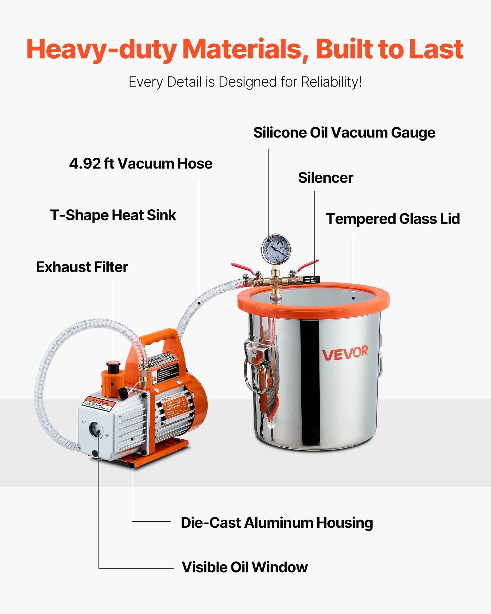 VEVOR 11.36 L Vacuum Chamber with Pump, 110 L/min, Stainless Steel, Degassing Chamber Kit, Single Stage Vacuum Pump, Tempered Glass Lid, 1.5 m Hose, Oil, for Stabilizing Wood Degassing Silicone Resin