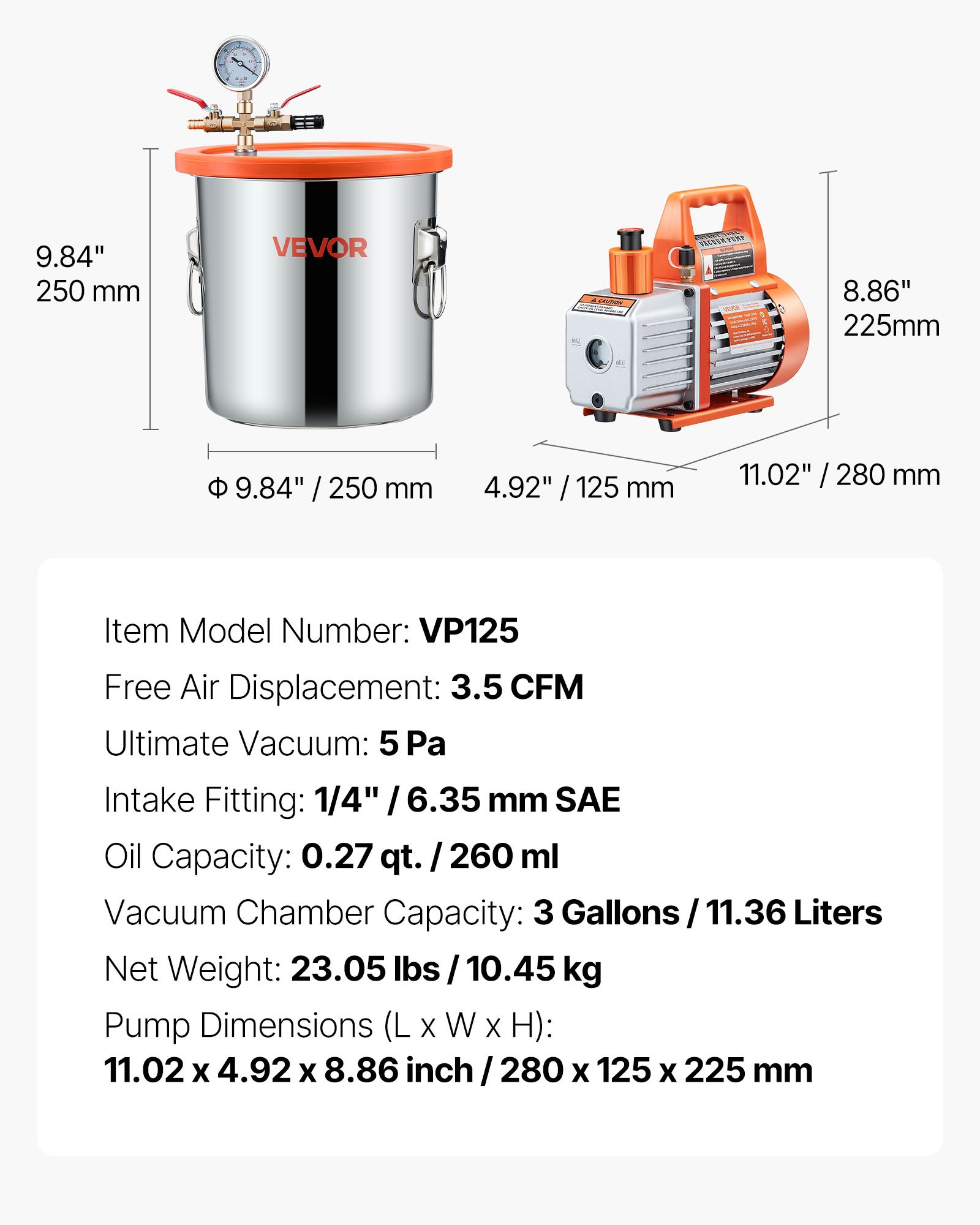 VEVOR 11.36 L Vacuum Chamber with Pump, 110 L/min, Stainless Steel, Degassing Chamber Kit, Single Stage Vacuum Pump, Tempered Glass Lid, 1.5 m Hose, Oil, for Stabilizing Wood Degassing Silicone Resin