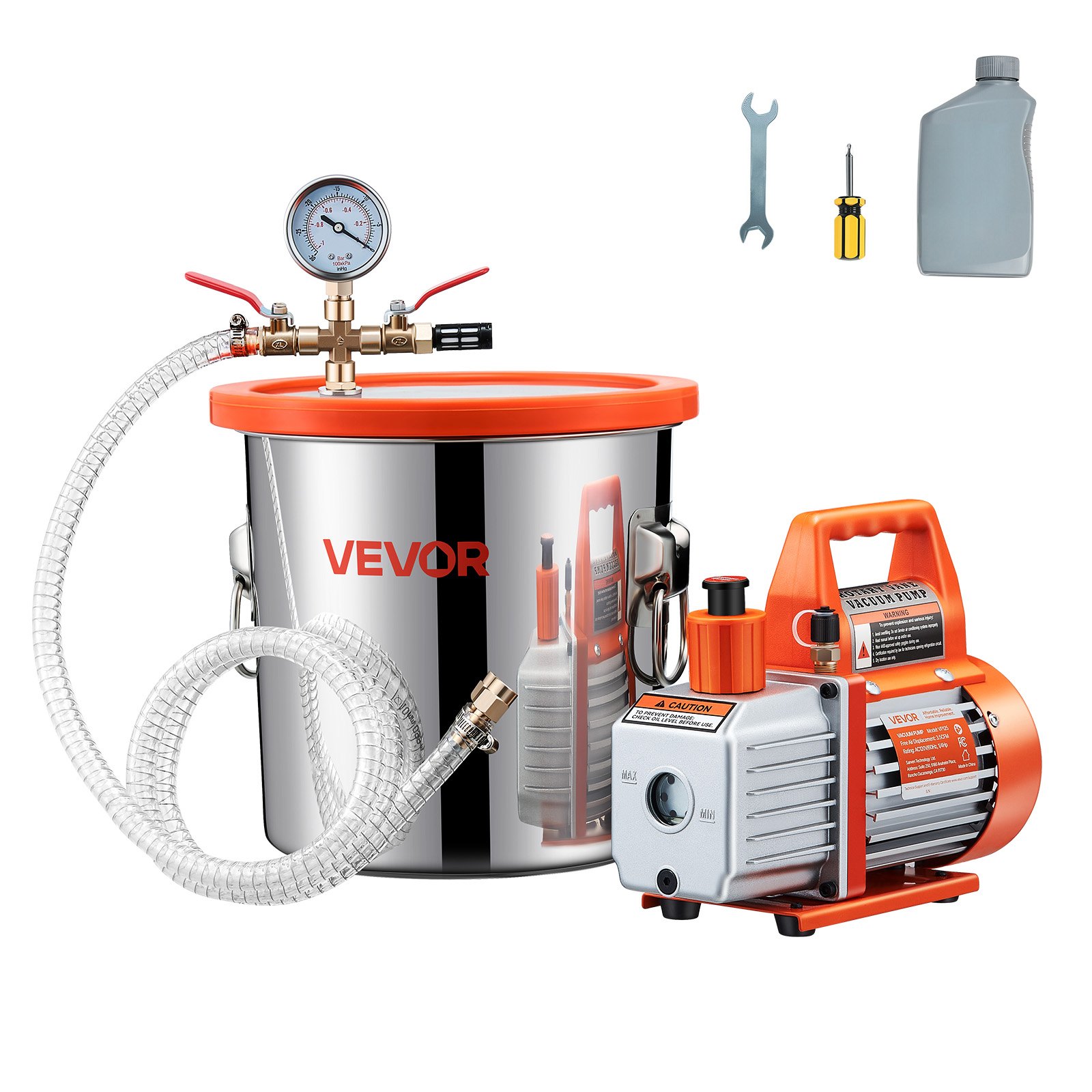 VEVOR 11.36 L Vacuum Chamber with Pump, 110 L/min, Stainless Steel, Degassing Chamber Kit, Single Stage Vacuum Pump, Tempered Glass Lid, 1.5 m Hose, Oil, for Stabilizing Wood Degassing Silicone Resin