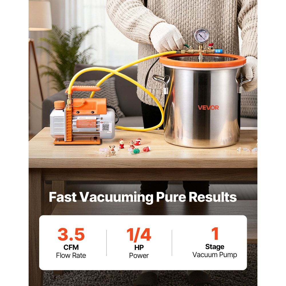 VEVOR 18.93 L Vacuum Chamber with Pump, 3.5 CFM 99 L/min, Single Stage Vacuum Pump, Stainless Steel Degassing Chamber Kit, Tempered Glass Lid, 1.5 m Hose, for Stabilizing Wood Degassing Silicone Resin