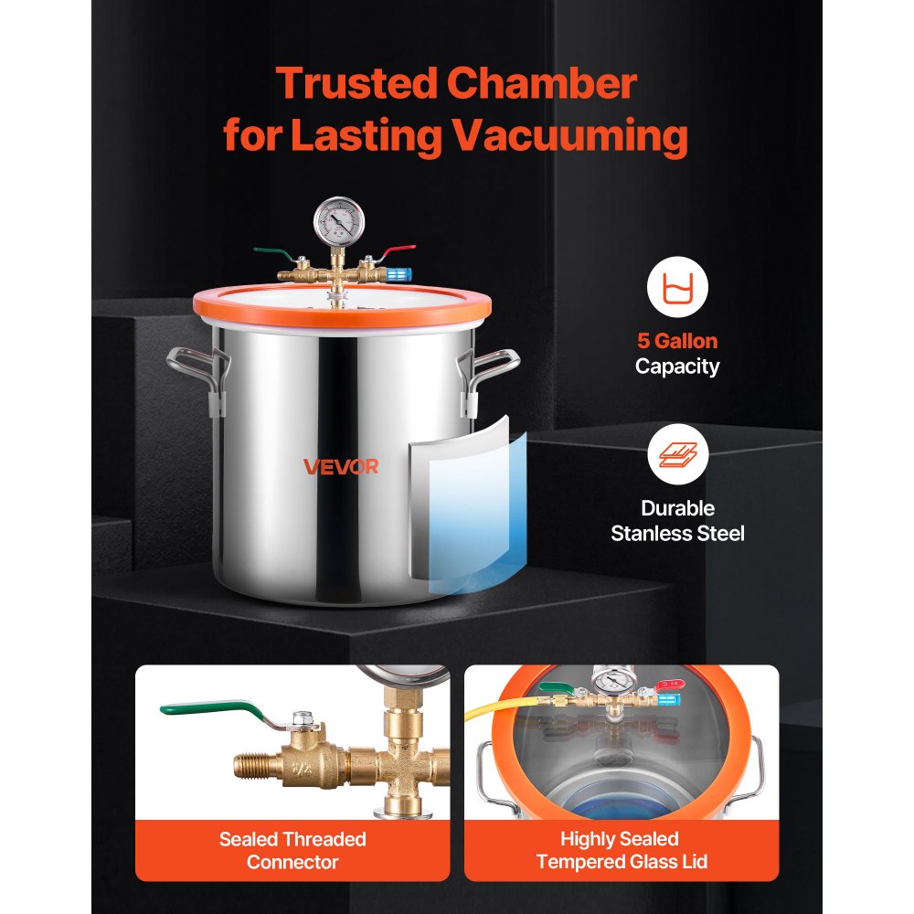 VEVOR 18.93 L Vacuum Chamber with Pump, 3.5 CFM 99 L/min, Single Stage Vacuum Pump, Stainless Steel Degassing Chamber Kit, Tempered Glass Lid, 1.5 m Hose, for Stabilizing Wood Degassing Silicone Resin