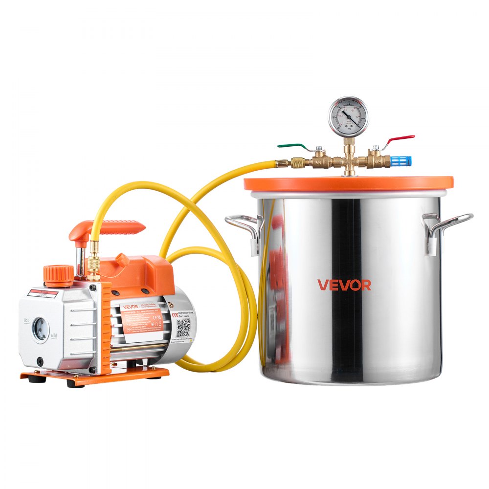 VEVOR 18.93 L Vacuum Chamber with Pump, 3.5 CFM 99 L/min, Single Stage Vacuum Pump, Stainless Steel Degassing Chamber Kit, Tempered Glass Lid, 1.5 m Hose, for Stabilizing Wood Degassing Silicone Resin