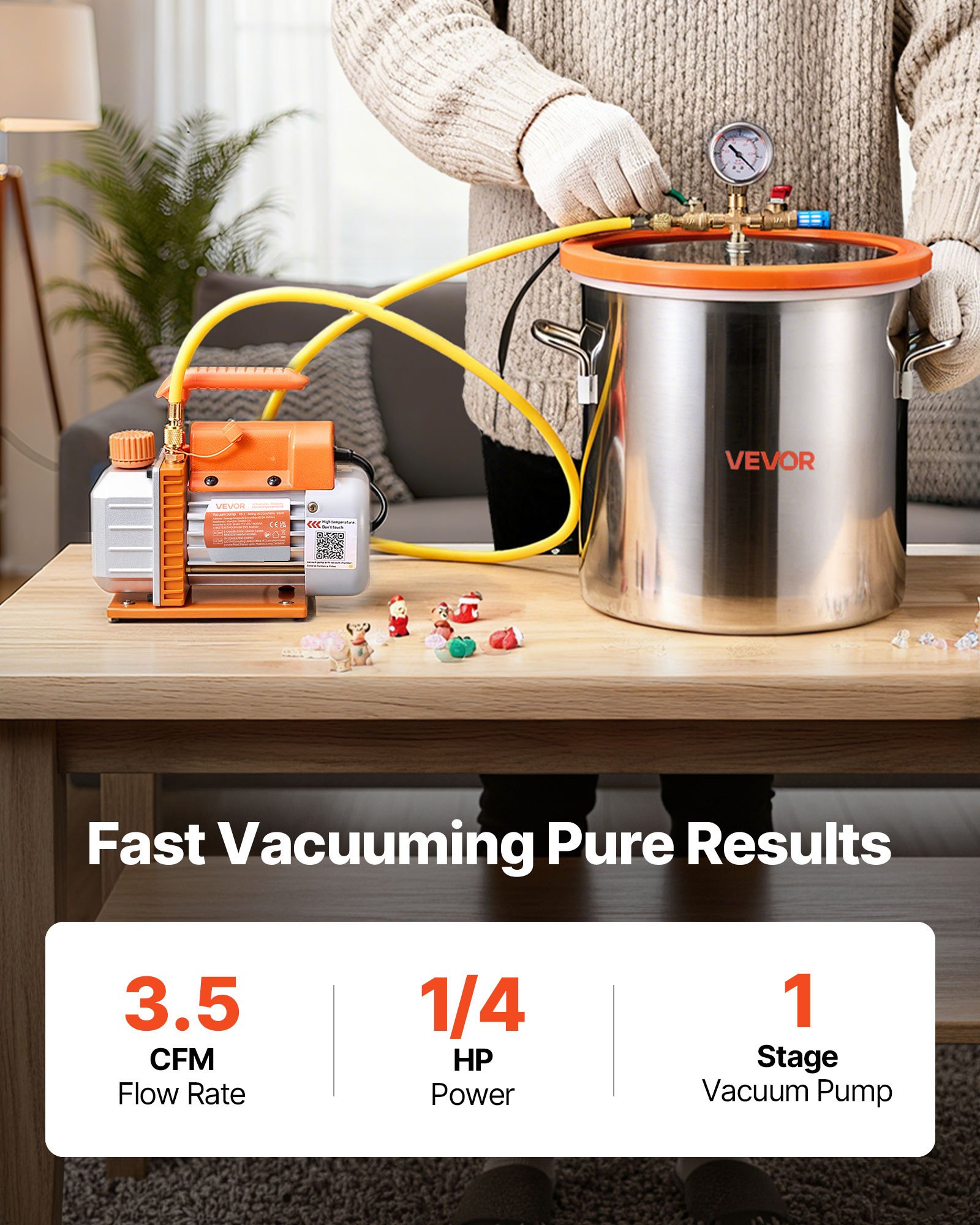 VEVOR 18.93 L Vacuum Chamber with Pump, 3.5 CFM 99 L/min, Single Stage Vacuum Pump, Stainless Steel Degassing Chamber Kit, Tempered Glass Lid, 1.5 m Hose, for Stabilizing Wood Degassing Silicone Resin