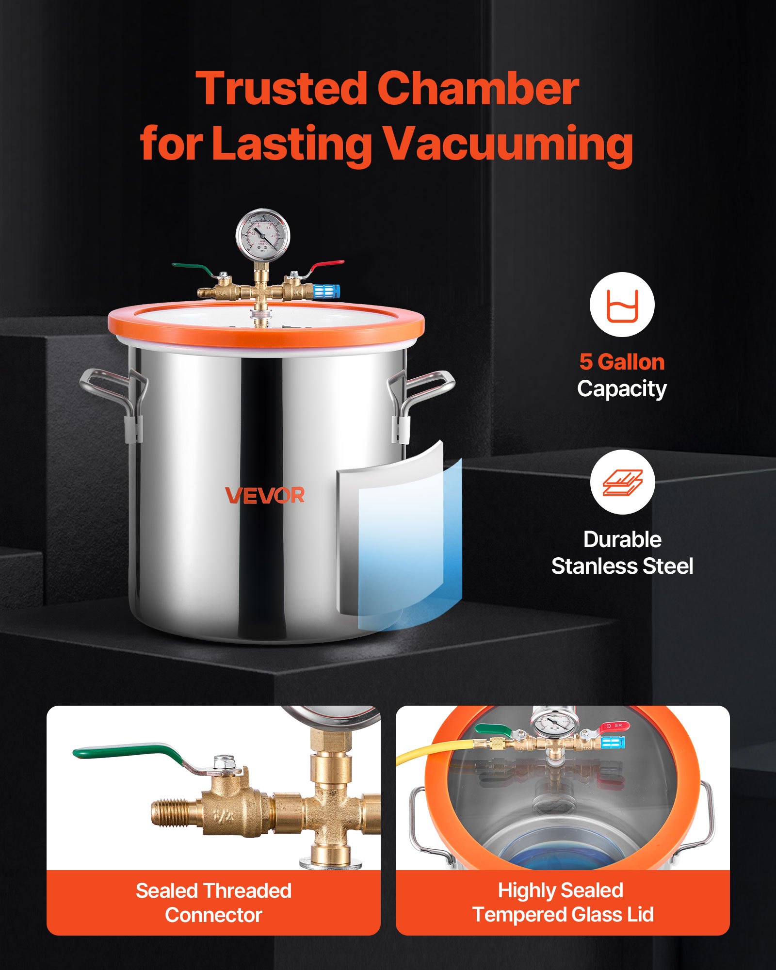 VEVOR 18.93 L Vacuum Chamber with Pump, 3.5 CFM 99 L/min, Single Stage Vacuum Pump, Stainless Steel Degassing Chamber Kit, Tempered Glass Lid, 1.5 m Hose, for Stabilizing Wood Degassing Silicone Resin