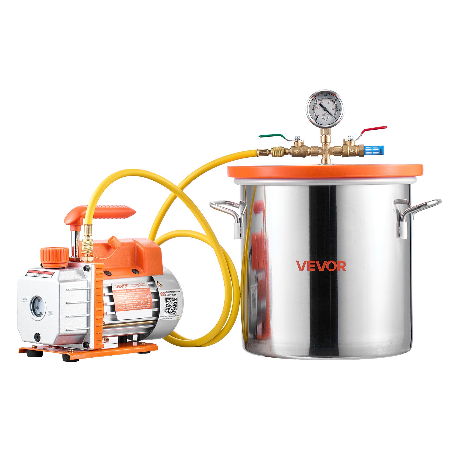 VEVOR 18.93 L Vacuum Chamber with Pump, 3.5 CFM 99 L/min, Single Stage Vacuum Pump, Stainless Steel Degassing Chamber Kit, Tempered Glass Lid, 1.5 m Hose, for Stabilizing Wood Degassing Silicone Resin