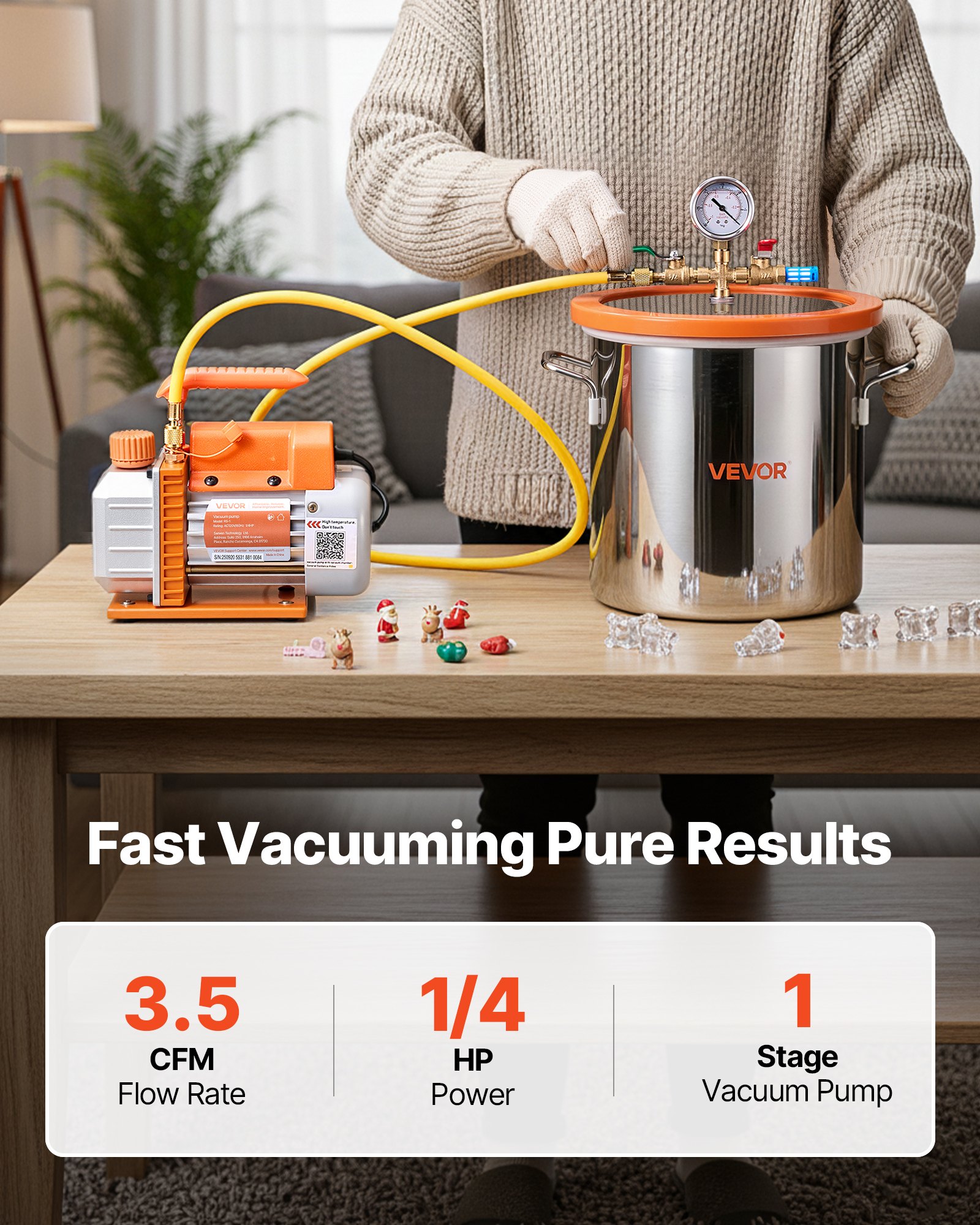 VEVOR 3 Gallon Vacuum Chamber with Pump, 3.5 CFM, Single Stage Vacuum Pump, Stainless Steel Degassing Chamber Kit with Tempered Glass Lid, 5 ft Hose, for Stabilizing Wood Degassing Silicone Resin