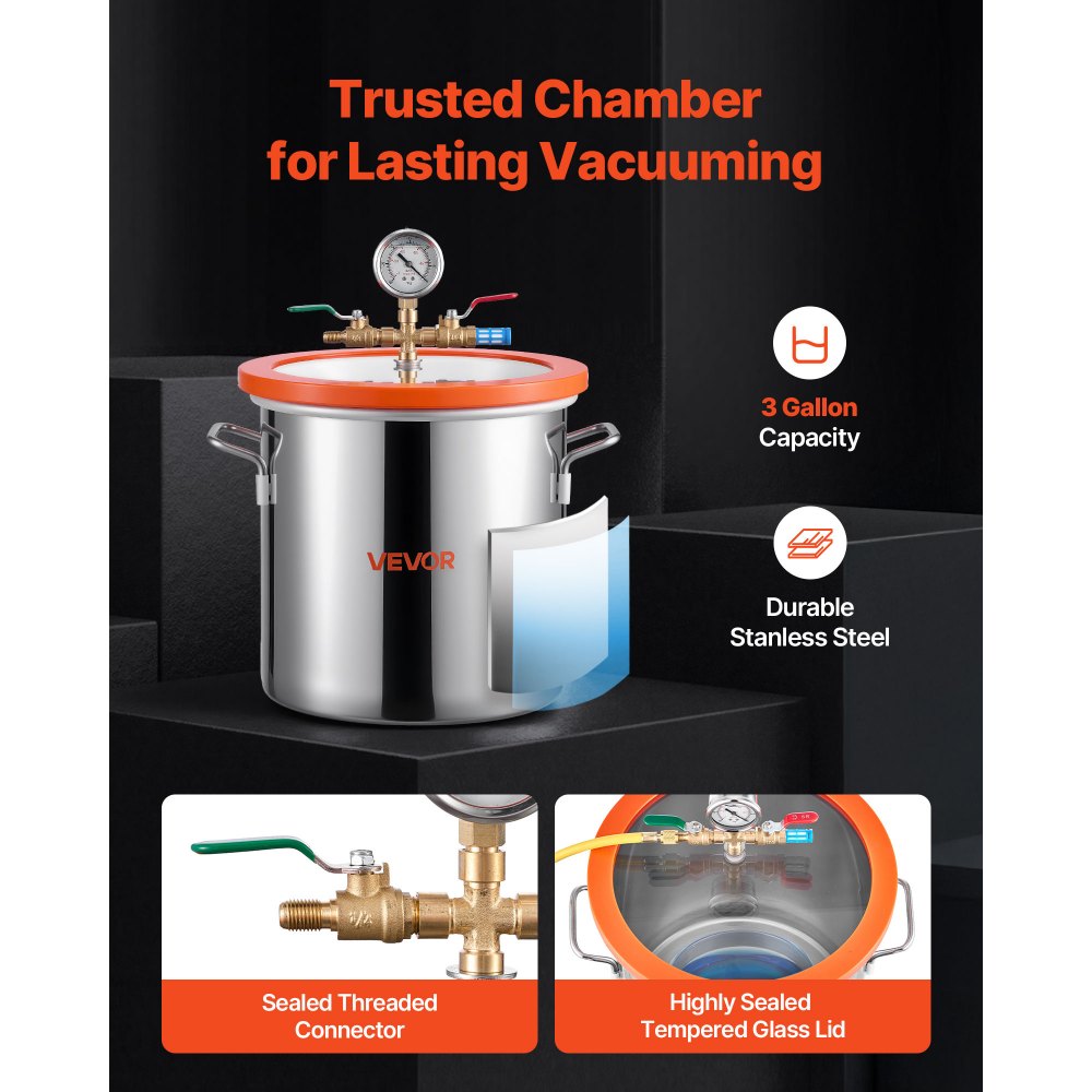 VEVOR 11.36 L Vacuum Chamber with Pump, 3.5 CFM 99 L/min, Single Stage Vacuum Pump, Stainless Steel Degassing Chamber Kit, Tempered Glass Lid, 1.5 m Hose, for Stabilizing Wood Degassing Silicone Resin