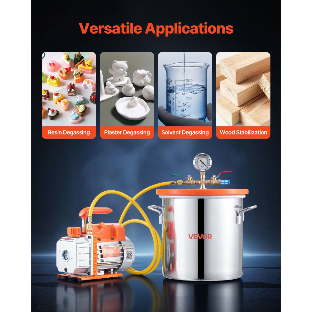 VEVOR 11.36 L Vacuum Chamber with Pump, 3.5 CFM 99 L/min, Single Stage Vacuum Pump, Stainless Steel Degassing Chamber Kit, Tempered Glass Lid, 1.5 m Hose, for Stabilizing Wood Degassing Silicone Resin