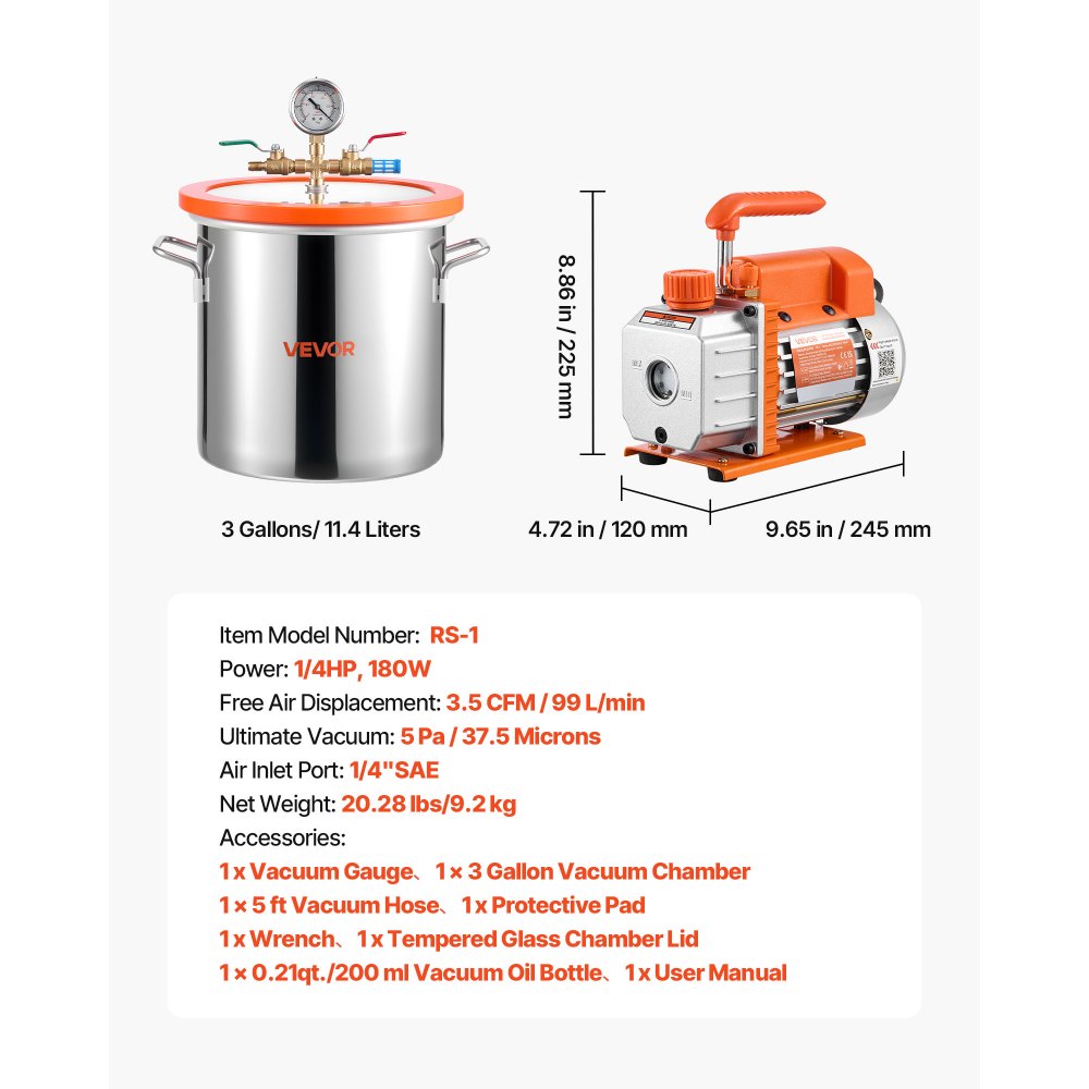 VEVOR 11.36 L Vacuum Chamber with Pump, 3.5 CFM 99 L/min, Single Stage Vacuum Pump, Stainless Steel Degassing Chamber Kit, Tempered Glass Lid, 1.5 m Hose, for Stabilizing Wood Degassing Silicone Resin