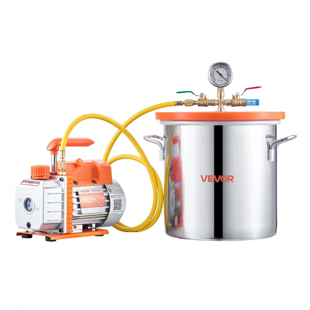 VEVOR 11.36 L Vacuum Chamber with Pump, 3.5 CFM 99 L/min, Single Stage Vacuum Pump, Stainless Steel Degassing Chamber Kit, Tempered Glass Lid, 1.5 m Hose, for Stabilizing Wood Degassing Silicone Resin