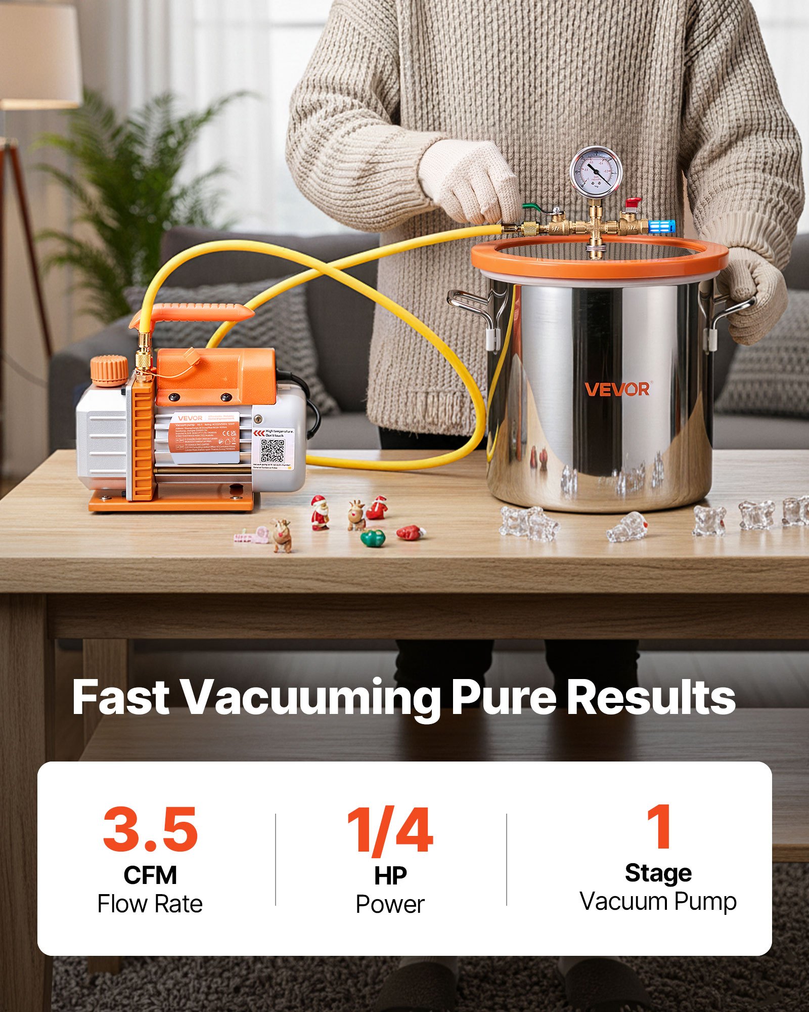 VEVOR 11.36 L Vacuum Chamber with Pump, 3.5 CFM 99 L/min, Single Stage Vacuum Pump, Stainless Steel Degassing Chamber Kit, Tempered Glass Lid, 1.5 m Hose, for Stabilizing Wood Degassing Silicone Resin