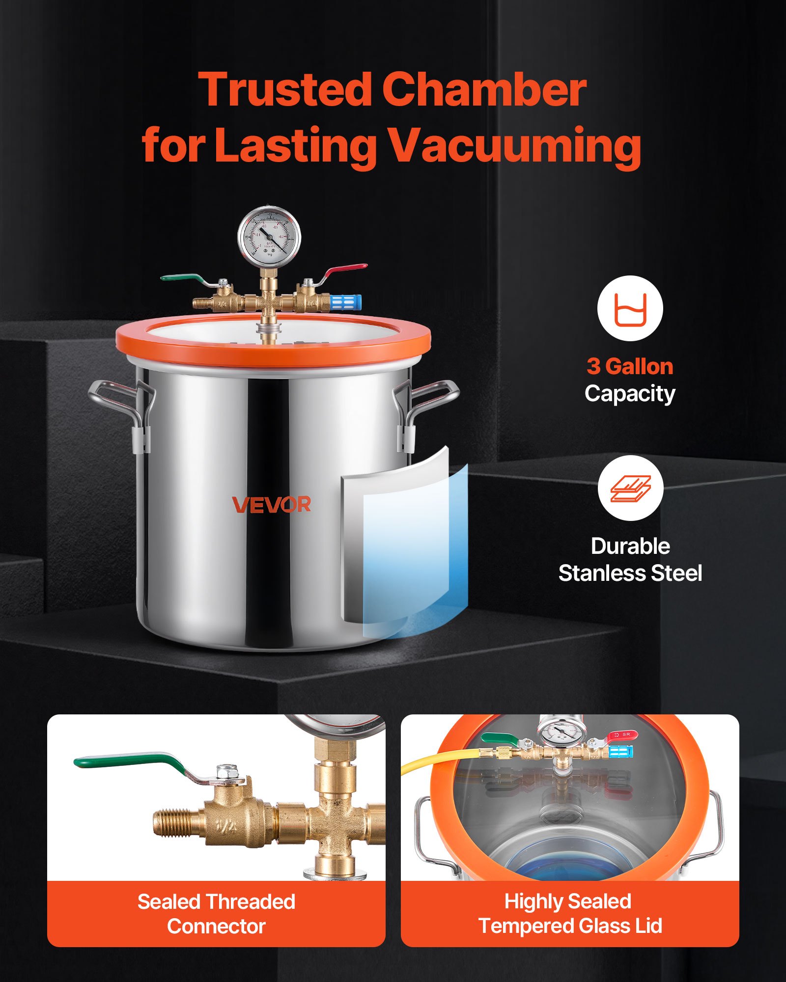 VEVOR 11.36 L Vacuum Chamber with Pump, 3.5 CFM 99 L/min, Single Stage Vacuum Pump, Stainless Steel Degassing Chamber Kit, Tempered Glass Lid, 1.5 m Hose, for Stabilizing Wood Degassing Silicone Resin