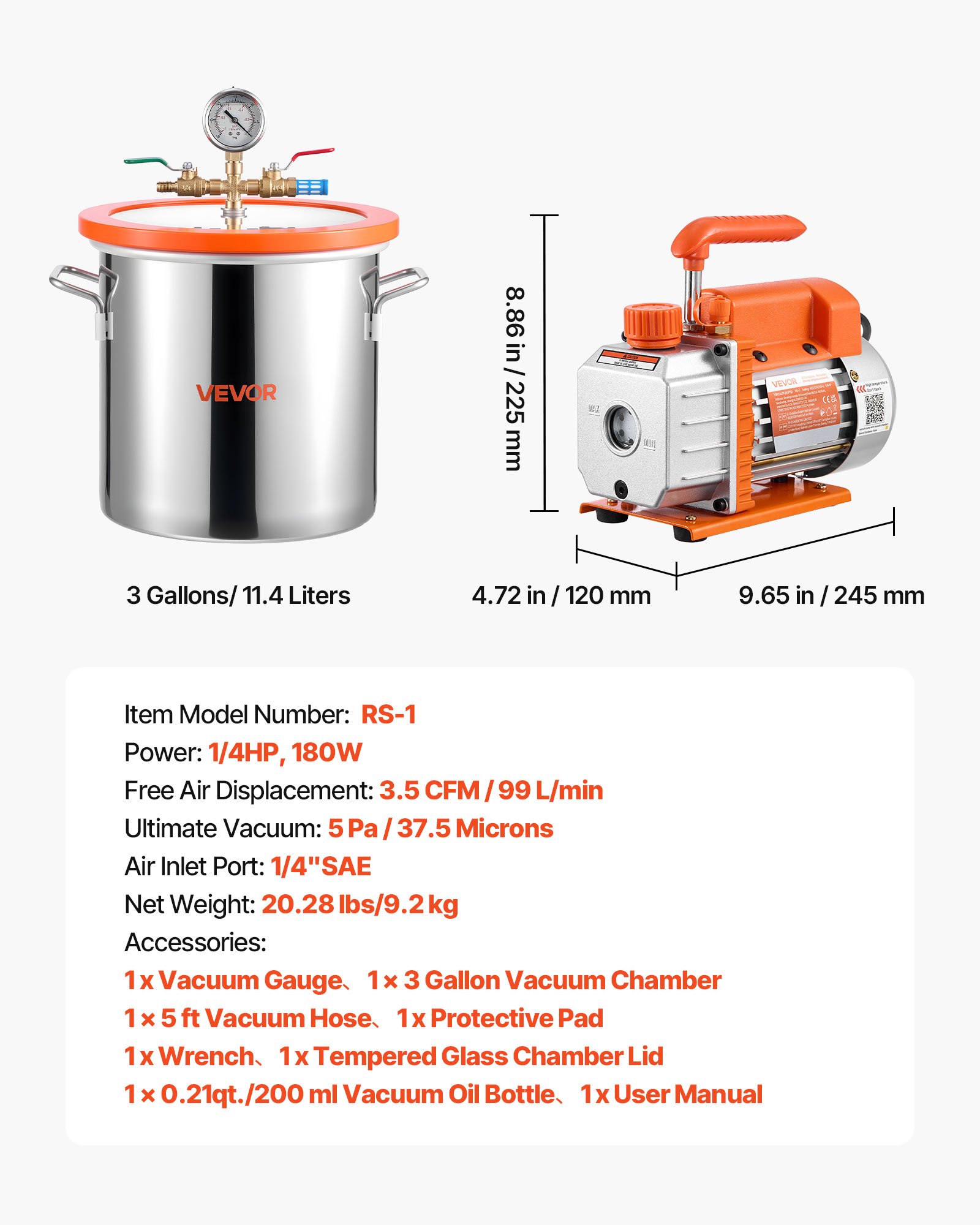 VEVOR 11.36 L Vacuum Chamber with Pump, 3.5 CFM 99 L/min, Single Stage Vacuum Pump, Stainless Steel Degassing Chamber Kit, Tempered Glass Lid, 1.5 m Hose, for Stabilizing Wood Degassing Silicone Resin