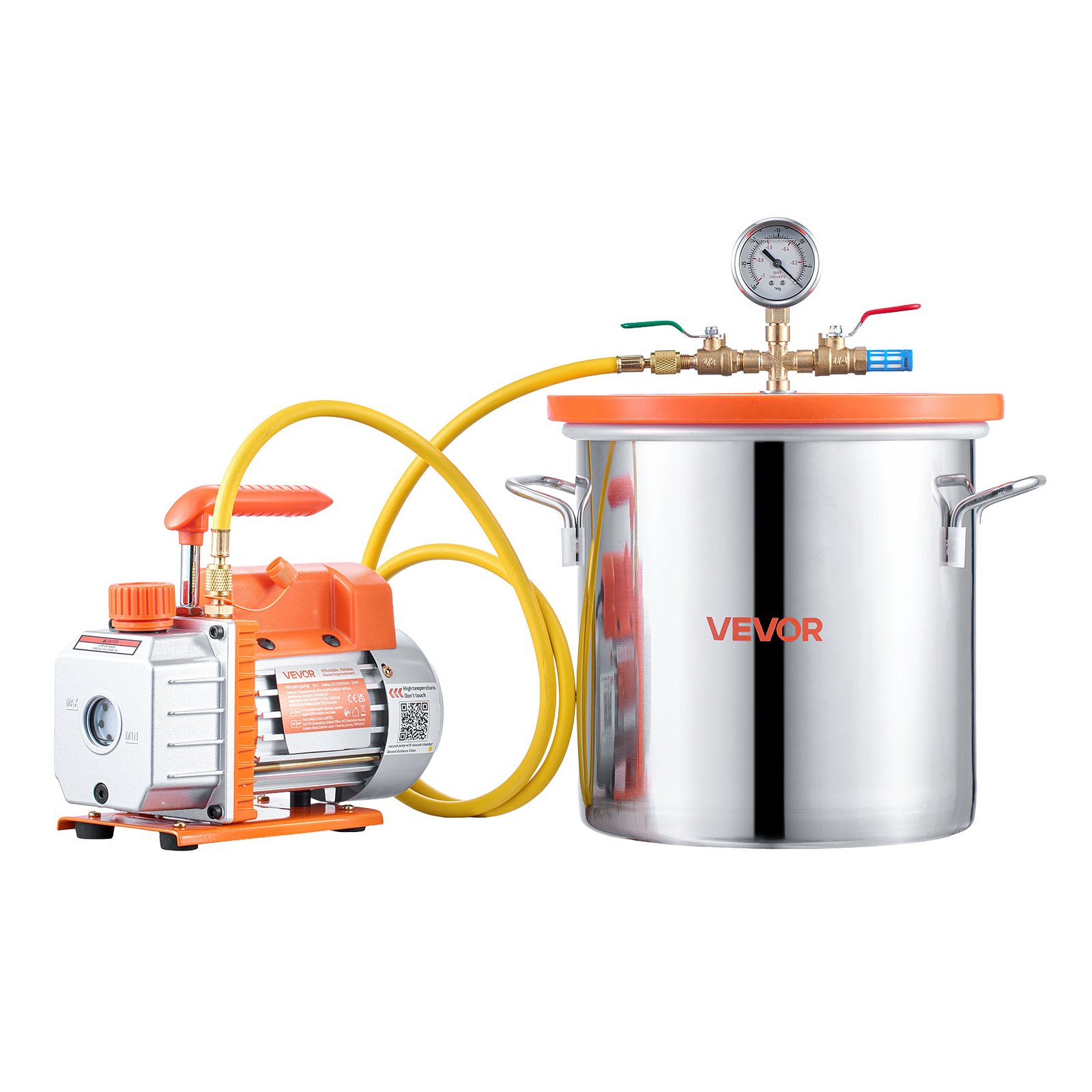 VEVOR 11.36 L Vacuum Chamber with Pump, 3.5 CFM 99 L/min, Single Stage Vacuum Pump, Stainless Steel Degassing Chamber Kit, Tempered Glass Lid, 1.5 m Hose, for Stabilizing Wood Degassing Silicone Resin
