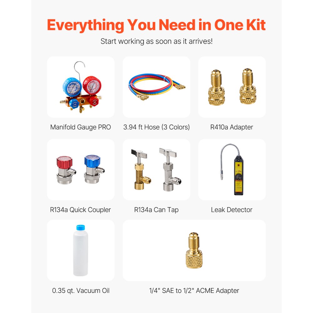 VEVOR 127 L/min(4.5 CFM) AC Vacuum Pump and Gauge Set, Single Stage Rotary Vane HVAC Air Vacuum Pump, A/C Refrigerant Manifold Gauge Kit, with Leak Detector Hoses, for R134a, R12, R22, R502a, R410A, R404, R407C