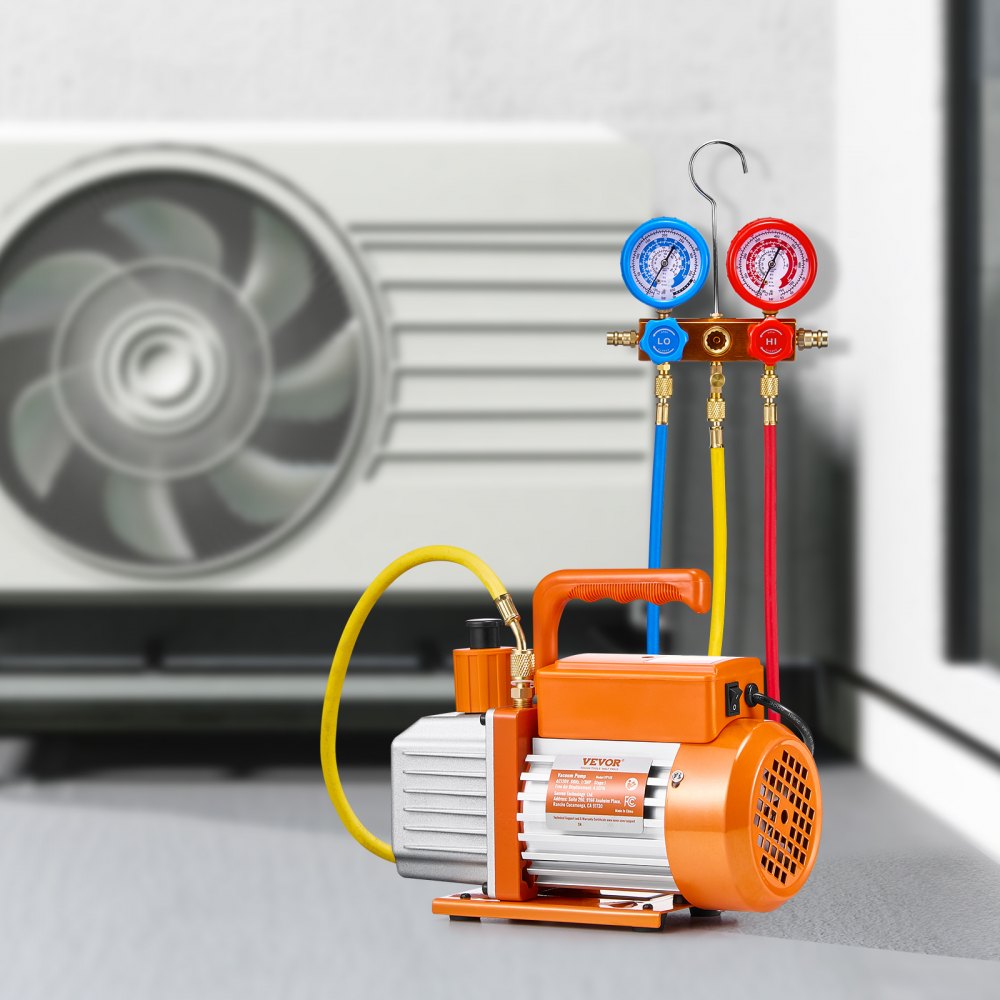 VEVOR 127 L/min(4.5 CFM) AC Vacuum Pump and Gauge Set, Single Stage Rotary Vane HVAC Air Vacuum Pump, A/C Refrigerant Manifold Gauge Kit, with Leak Detector Hoses, for R134a, R12, R22, R502a, R410A, R404, R407C