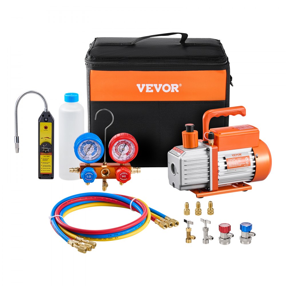 VEVOR 127 L/min(4.5 CFM) AC Vacuum Pump and Gauge Set, Single Stage Rotary Vane HVAC Air Vacuum Pump, A/C Refrigerant Manifold Gauge Kit, with Leak Detector Hoses, for R134a, R12, R22, R502a, R410A, R404, R407C