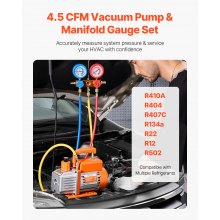 VEVOR 4.5 CFM Single Stage Rotary Vane Vacuum Pump and Manifold Gauge Kit Compatible with R134a, R22, R12, R502, R502, R410a, R404, And R407C Refrigerants