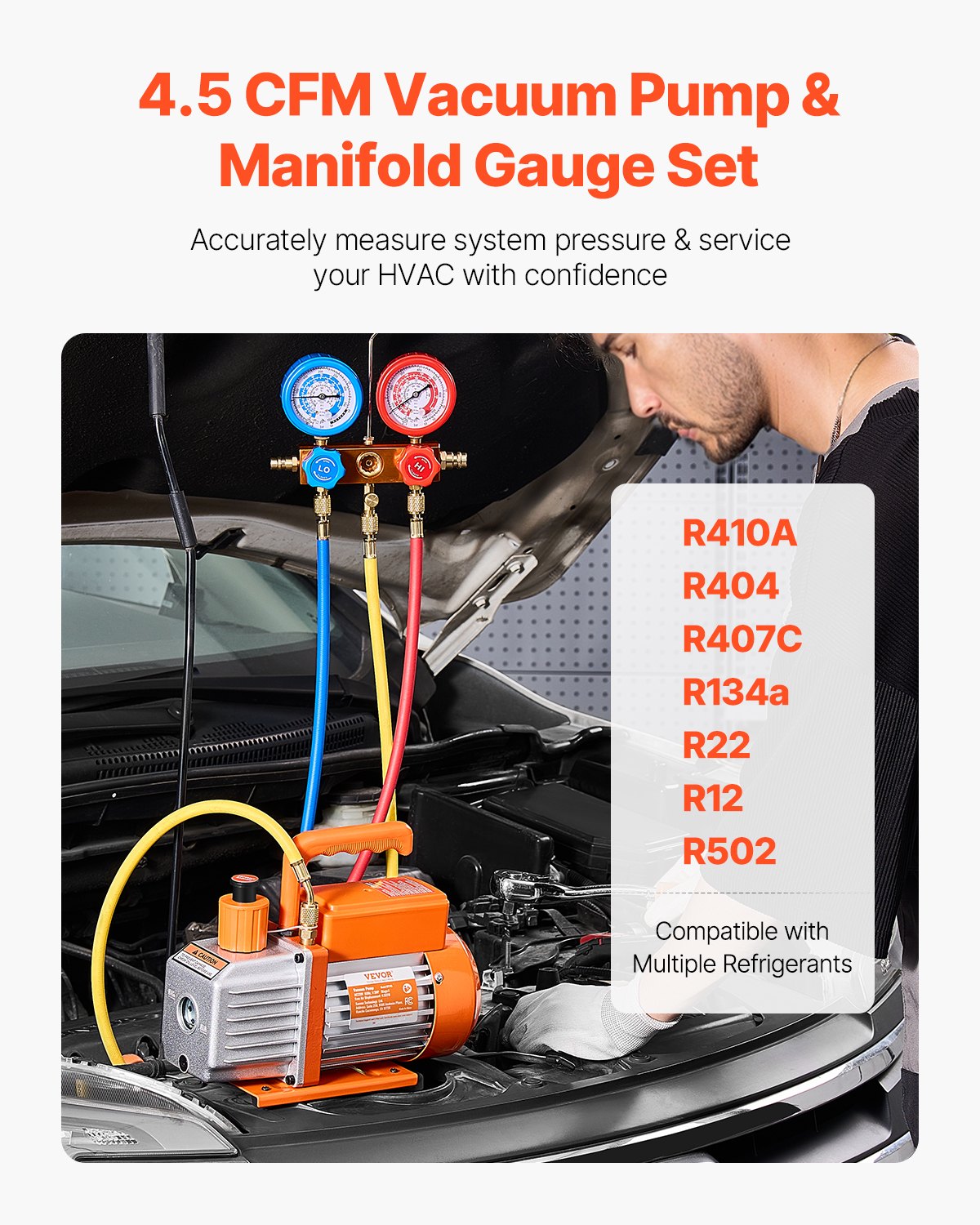 VEVOR 127 L/min(4.5 CFM) AC Vacuum Pump and Gauge Set, Single Stage Rotary Vane HVAC Air Vacuum Pump, A/C Refrigerant Manifold Gauge Kit, with Leak Detector Hoses, for R134a, R12, R22, R502a, R410A, R404, R407C