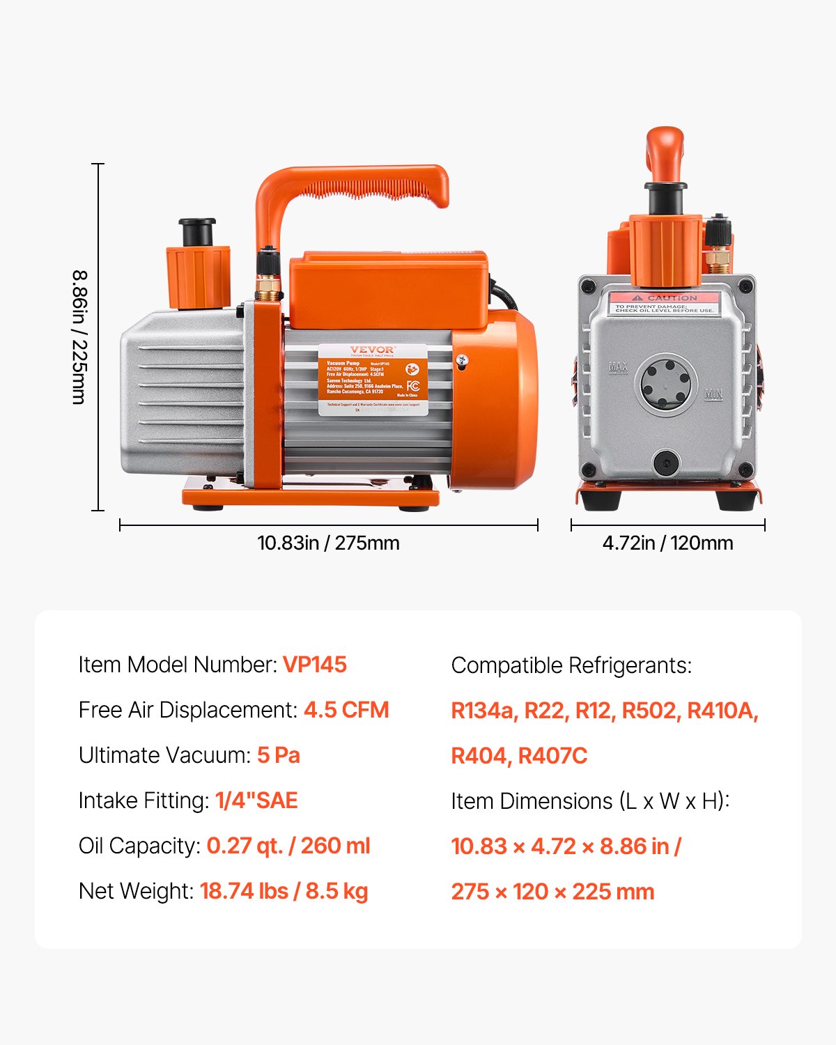VEVOR 127 L/min(4.5 CFM) AC Vacuum Pump and Gauge Set, Single Stage Rotary Vane HVAC Air Vacuum Pump, A/C Refrigerant Manifold Gauge Kit, with Leak Detector Hoses, for R134a, R12, R22, R502a, R410A, R404, R407C