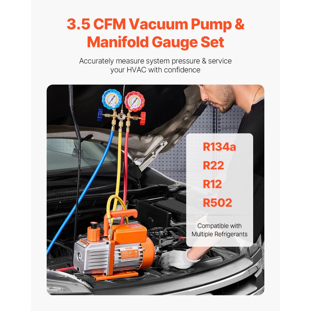 VEVOR 217 L/min(3.5 CFM) AC Vacuum Pump and Gauge Set, Single Stage Rotary Vane HVAC Air Vacuum Pump, A/C Refrigerant Manifold Gauge Kit, with Hoses, Air Conditioning Refrigeration for R134a, R12, R22, R502a