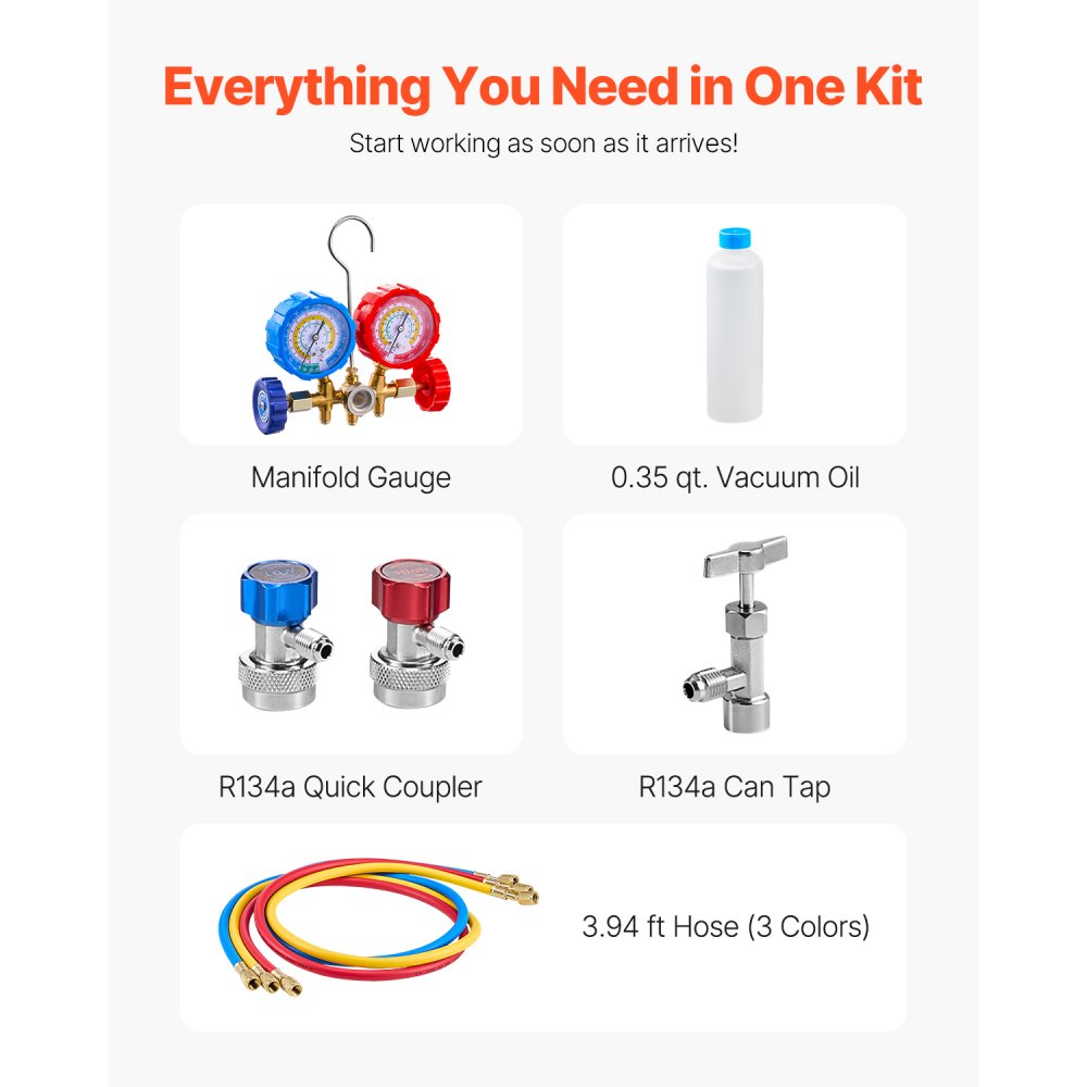 VEVOR 217 L/min(3.5 CFM) AC Vacuum Pump and Gauge Set, Single Stage Rotary Vane HVAC Air Vacuum Pump, A/C Refrigerant Manifold Gauge Kit, with Hoses, Air Conditioning Refrigeration for R134a, R12, R22, R502a