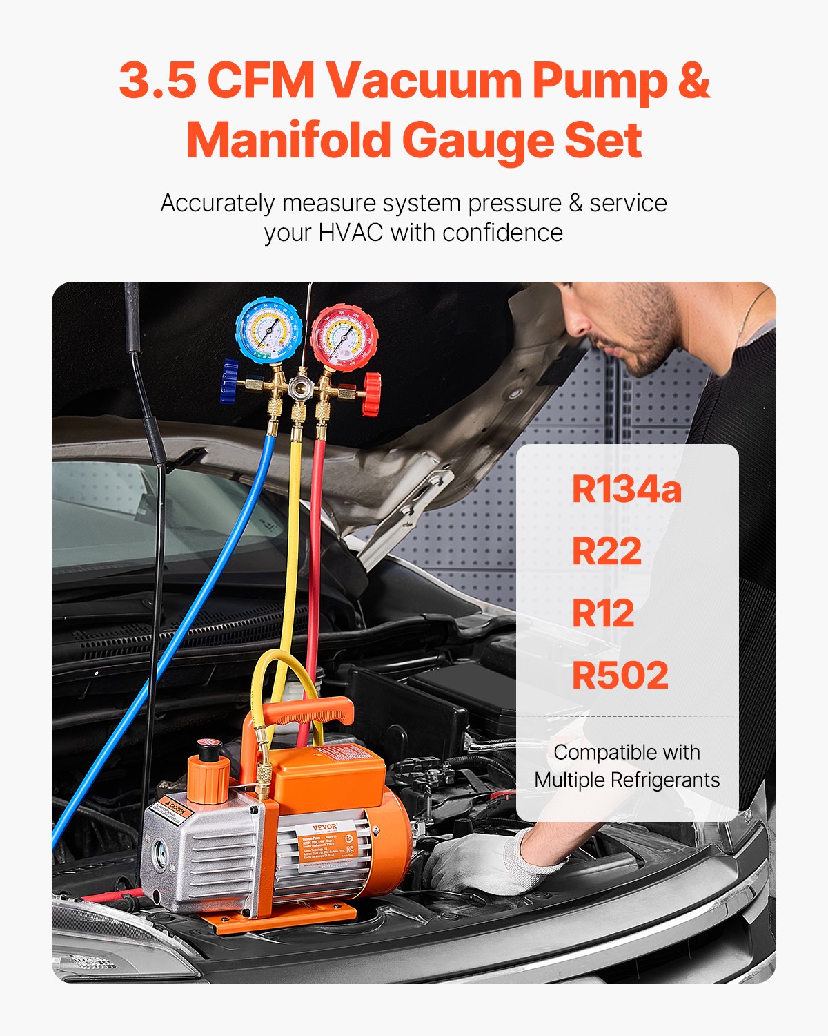VEVOR 217 L/min(3.5 CFM) AC Vacuum Pump and Gauge Set, Single Stage Rotary Vane HVAC Air Vacuum Pump, A/C Refrigerant Manifold Gauge Kit, with Hoses, Air Conditioning Refrigeration for R134a, R12, R22, R502a