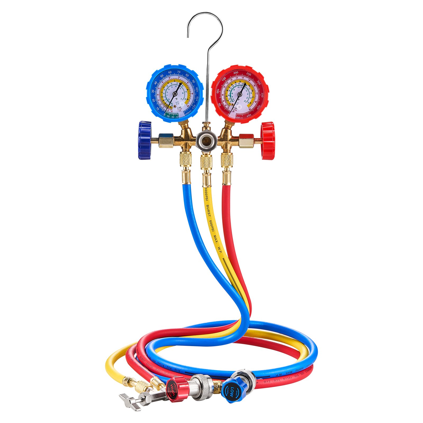 VEVOR 217 L/min(3.5 CFM) AC Vacuum Pump and Gauge Set, Single Stage Rotary Vane HVAC Air Vacuum Pump, A/C Refrigerant Manifold Gauge Kit, with Hoses, Air Conditioning Refrigeration for R134a, R12, R22, R502a