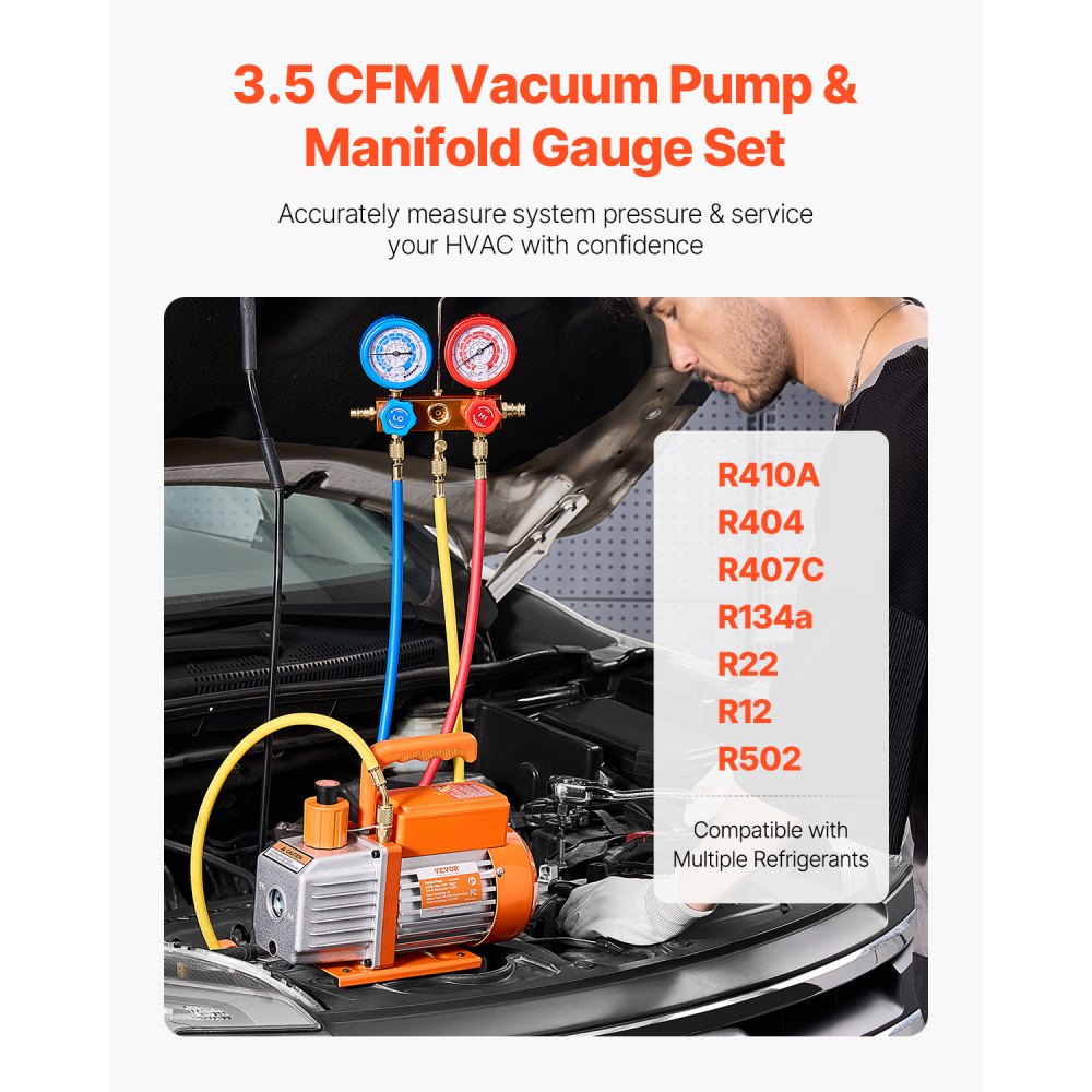 VEVOR 100 L/min(3.5 CFM) AC Vacuum Pump and Gauge Set, Single Stage Rotary Vane HVAC Air Vacuum Pump, A/C Refrigerant Manifold Gauge Kit, with Hoses, for R134a, R12, R22, R502a, R410A, R404, R407C Refrigerants