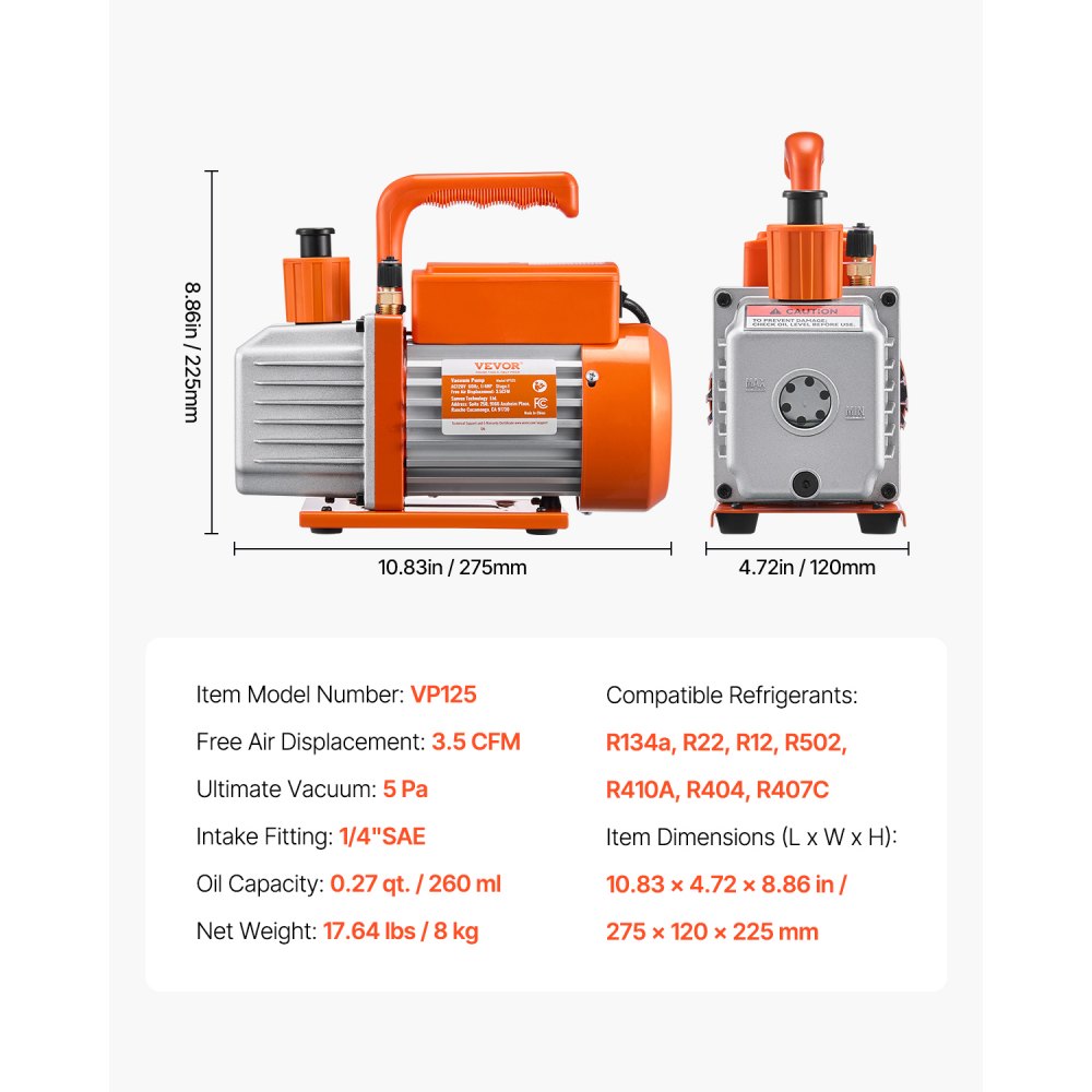 VEVOR 100 L/min(3.5 CFM) AC Vacuum Pump and Gauge Set, Single Stage Rotary Vane HVAC Air Vacuum Pump, A/C Refrigerant Manifold Gauge Kit, with Hoses, for R134a, R12, R22, R502a, R410A, R404, R407C Refrigerants