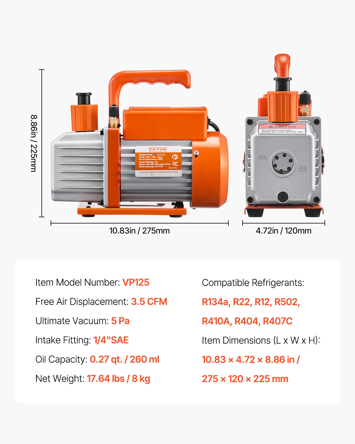 VEVOR 100 L/min(3.5 CFM) AC Vacuum Pump and Gauge Set, Single Stage Rotary Vane HVAC Air Vacuum Pump, A/C Refrigerant Manifold Gauge Kit, with Hoses, for R134a, R12, R22, R502a, R410A, R404, R407C Refrigerants