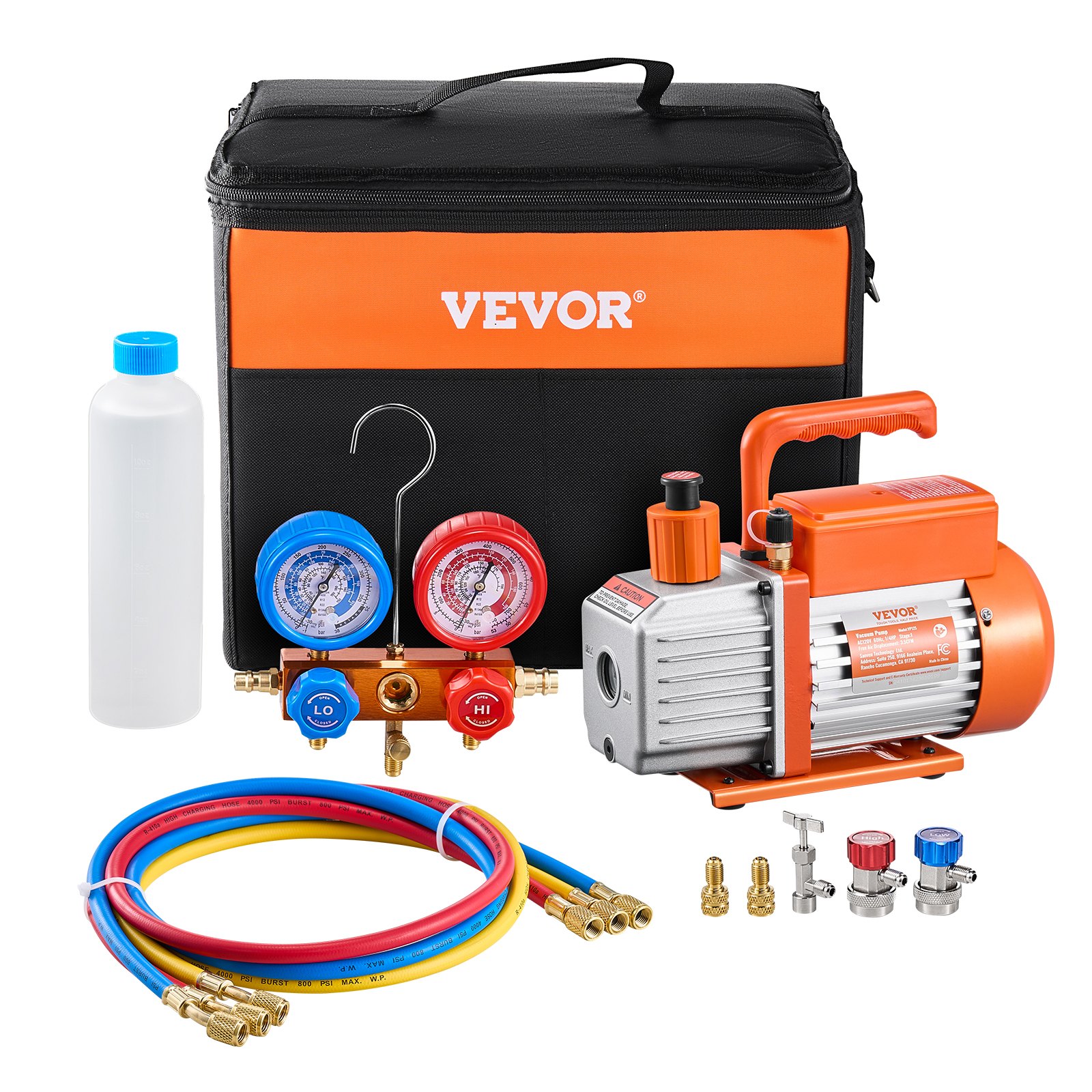 VEVOR 100 L/min(3.5 CFM) AC Vacuum Pump and Gauge Set, Single Stage Rotary Vane HVAC Air Vacuum Pump, A/C Refrigerant Manifold Gauge Kit, with Hoses, for R134a, R12, R22, R502a, R410A, R404, R407C Refrigerants