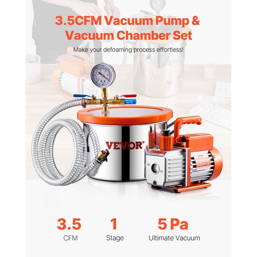 VEVOR 5.7 L(1.5 Gallon) Vacuum Chamber and 100 L/min(3.5 CFM) Pump Kit, Stainless Steel Chamber, Single Stage Vacuum Pump Degassing Chamber Kit, with Acrylic Lid, Oil, 1.5m(4.92 ft) Hose, for Degassing Resin Silicone Epoxies