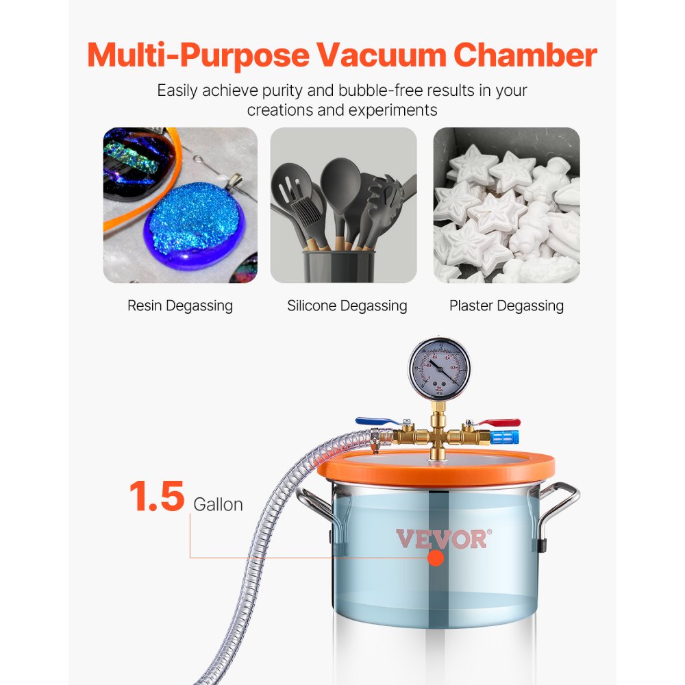 VEVOR 5.7 L(1.5 Gallon) Vacuum Chamber and 100 L/min(3.5 CFM) Pump Kit, Stainless Steel Chamber, Single Stage Vacuum Pump Degassing Chamber Kit, with Acrylic Lid, Oil, 1.5m(4.92 ft) Hose, for Degassing Resin Silicone Epoxies