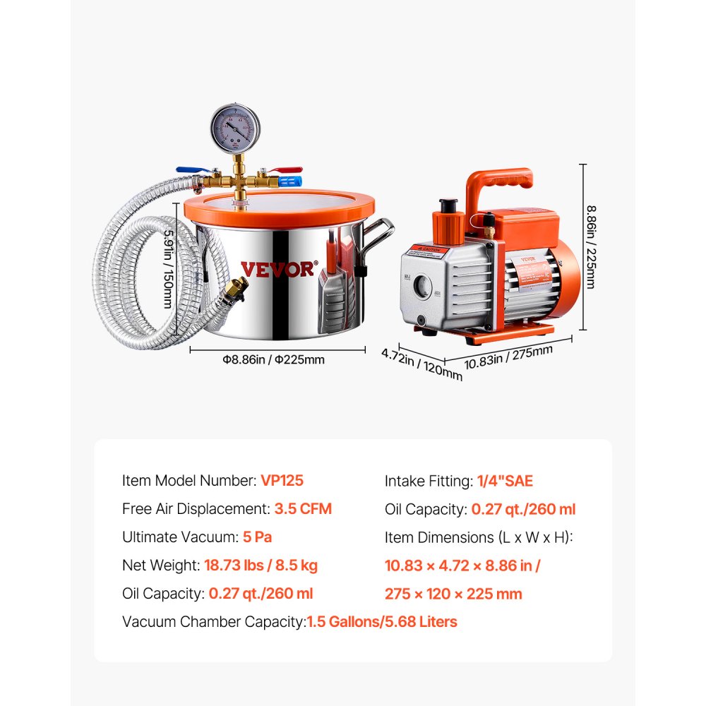 VEVOR 5.7 L(1.5 Gallon) Vacuum Chamber and 100 L/min(3.5 CFM) Pump Kit, Stainless Steel Chamber, Single Stage Vacuum Pump Degassing Chamber Kit, with Acrylic Lid, Oil, 1.5m(4.92 ft) Hose, for Degassing Resin Silicone Epoxies