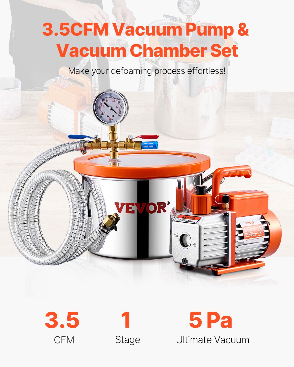 VEVOR 5.7 L(1.5 Gallon) Vacuum Chamber and 100 L/min(3.5 CFM) Pump Kit, Stainless Steel Chamber, Single Stage Vacuum Pump Degassing Chamber Kit, with Acrylic Lid, Oil, 1.5m(4.92 ft) Hose, for Degassing Resin Silicone Epoxies