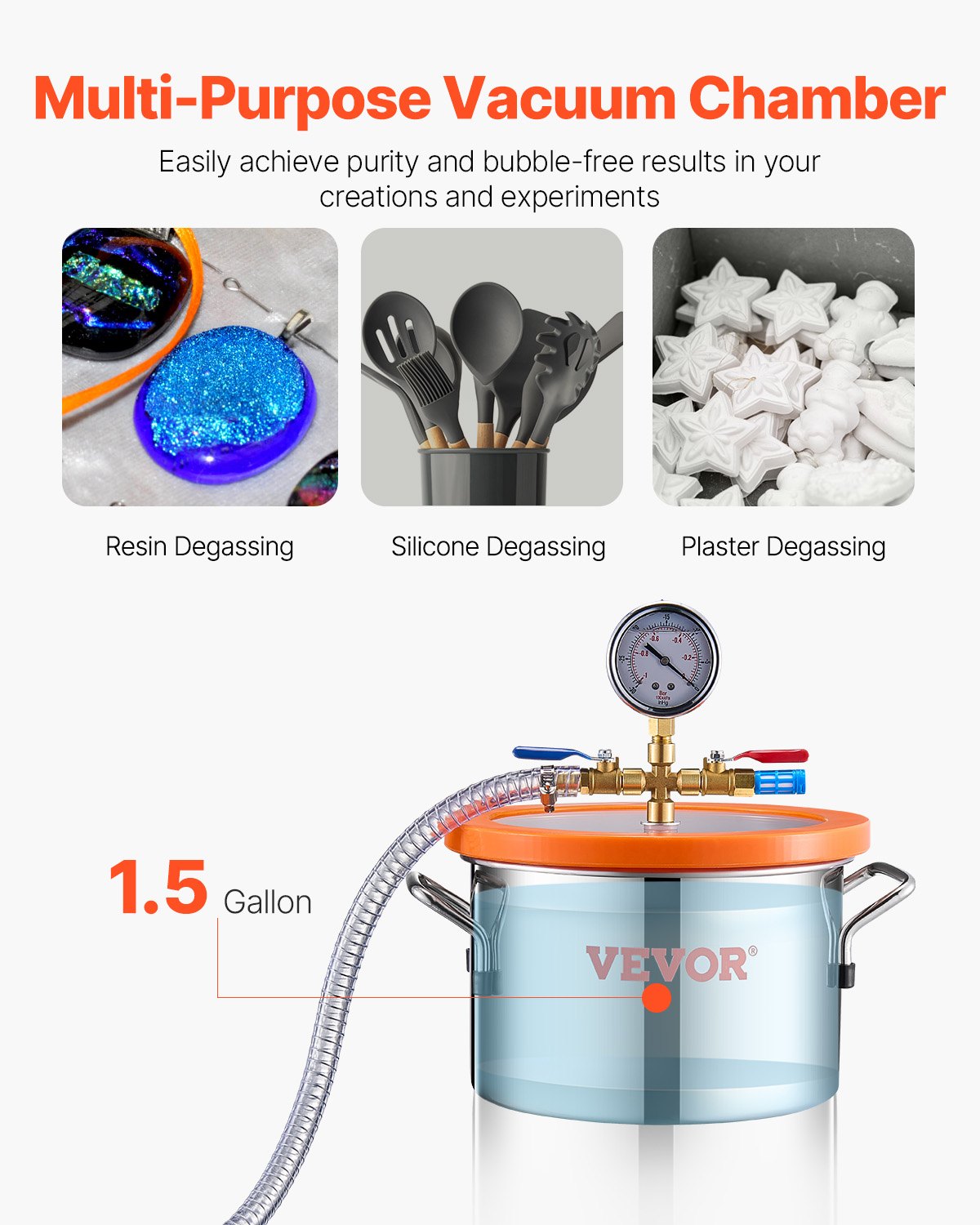 VEVOR 5.7 L(1.5 Gallon) Vacuum Chamber and 100 L/min(3.5 CFM) Pump Kit, Stainless Steel Chamber, Single Stage Vacuum Pump Degassing Chamber Kit, with Acrylic Lid, Oil, 1.5m(4.92 ft) Hose, for Degassing Resin Silicone Epoxies