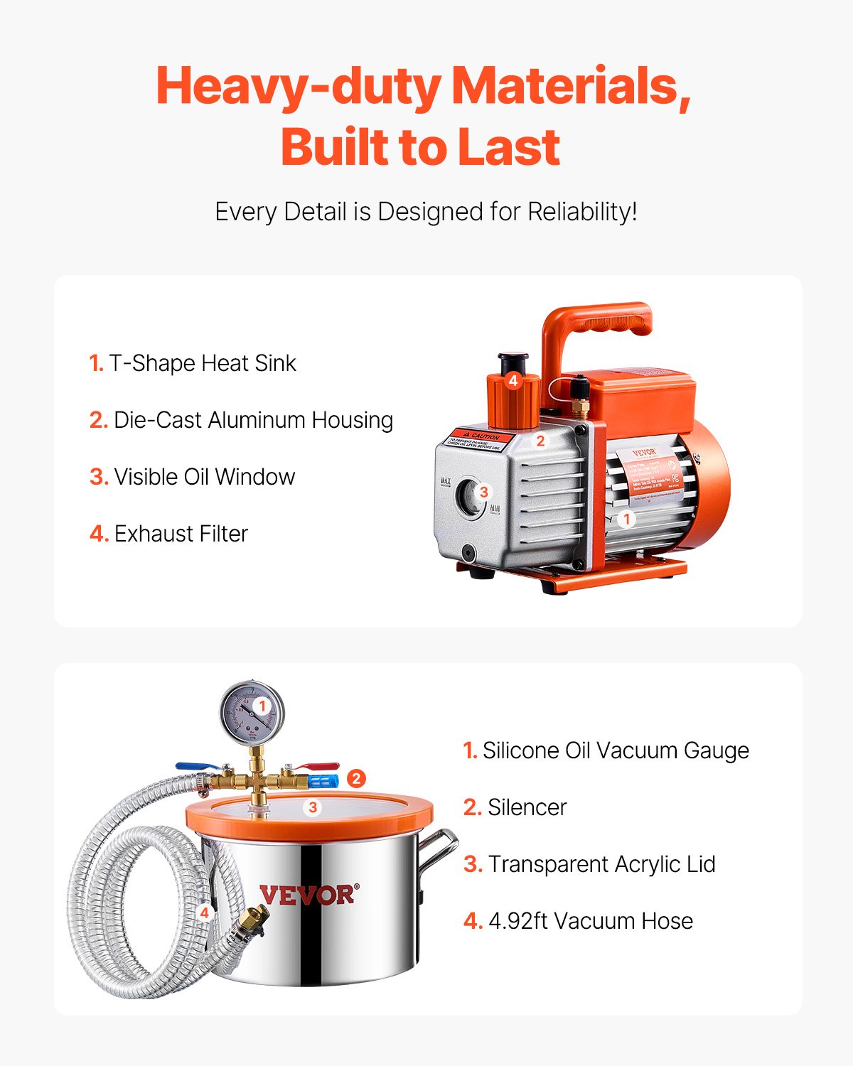 VEVOR 5.7 L(1.5 Gallon) Vacuum Chamber and 100 L/min(3.5 CFM) Pump Kit, Stainless Steel Chamber, Single Stage Vacuum Pump Degassing Chamber Kit, with Acrylic Lid, Oil, 1.5m(4.92 ft) Hose, for Degassing Resin Silicone Epoxies