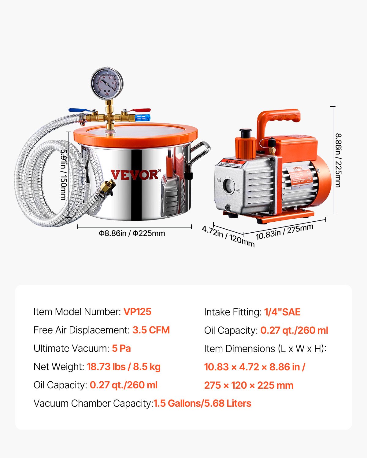 VEVOR 5.7 L(1.5 Gallon) Vacuum Chamber and 100 L/min(3.5 CFM) Pump Kit, Stainless Steel Chamber, Single Stage Vacuum Pump Degassing Chamber Kit, with Acrylic Lid, Oil, 1.5m(4.92 ft) Hose, for Degassing Resin Silicone Epoxies