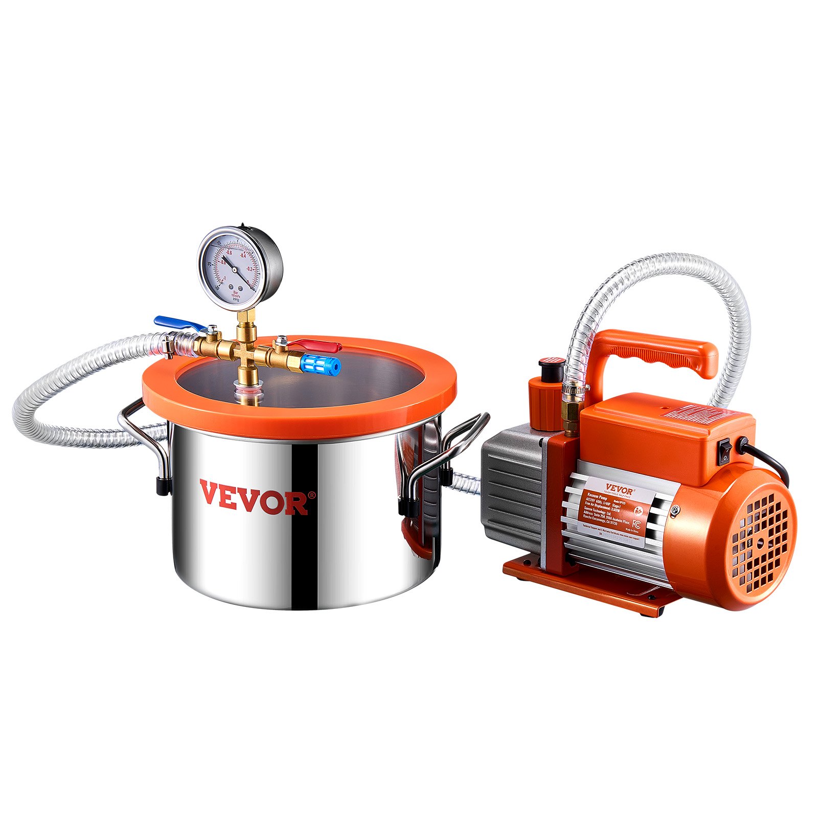 VEVOR 5.7 L(1.5 Gallon) Vacuum Chamber and 100 L/min(3.5 CFM) Pump Kit, Stainless Steel Chamber, Single Stage Vacuum Pump Degassing Chamber Kit, with Acrylic Lid, Oil, 1.5m(4.92 ft) Hose, for Degassing Resin Silicone Epoxies